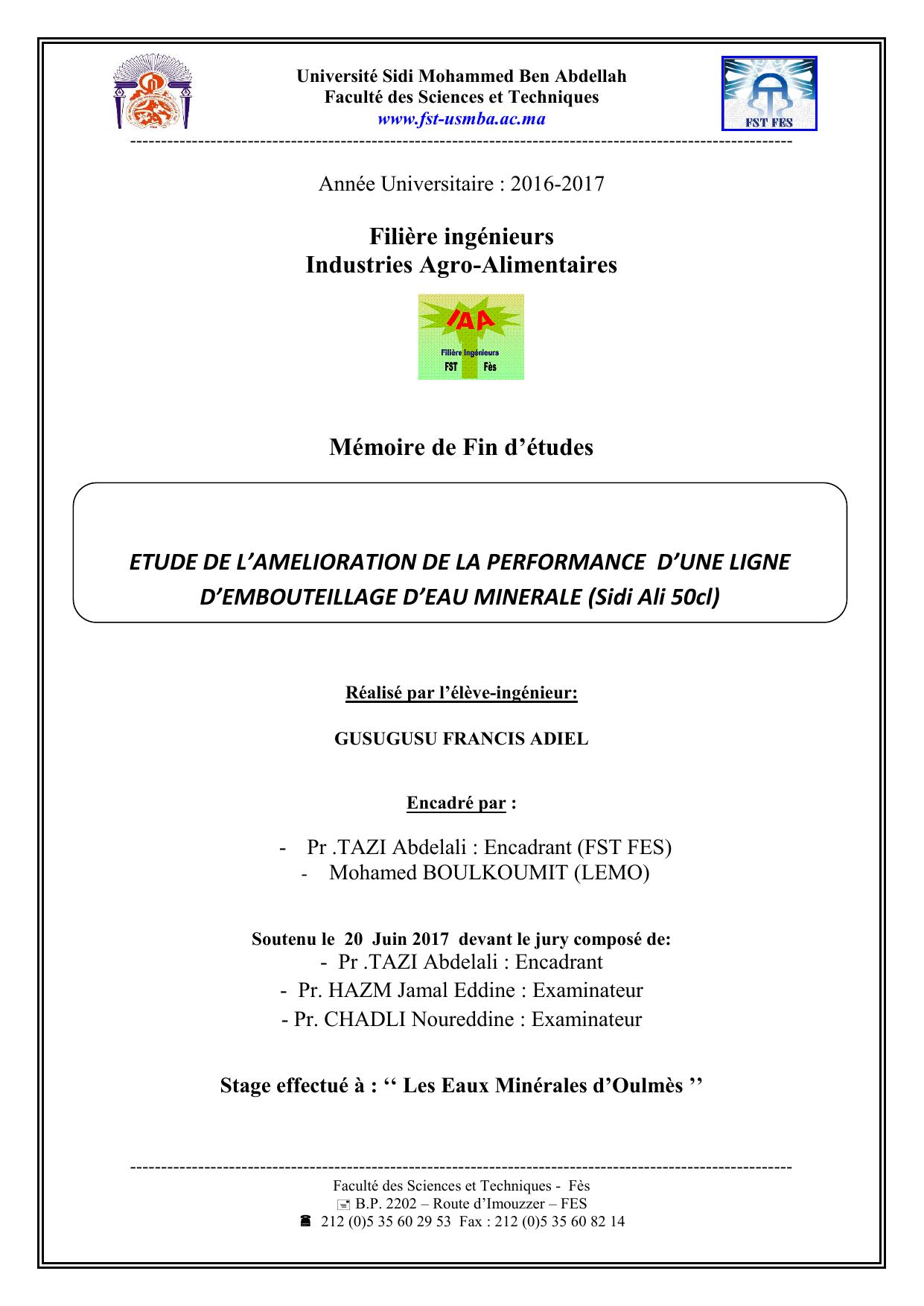 Etude de l'amélioration de la performance d'une ligne d'embouteillage d'eau minirale