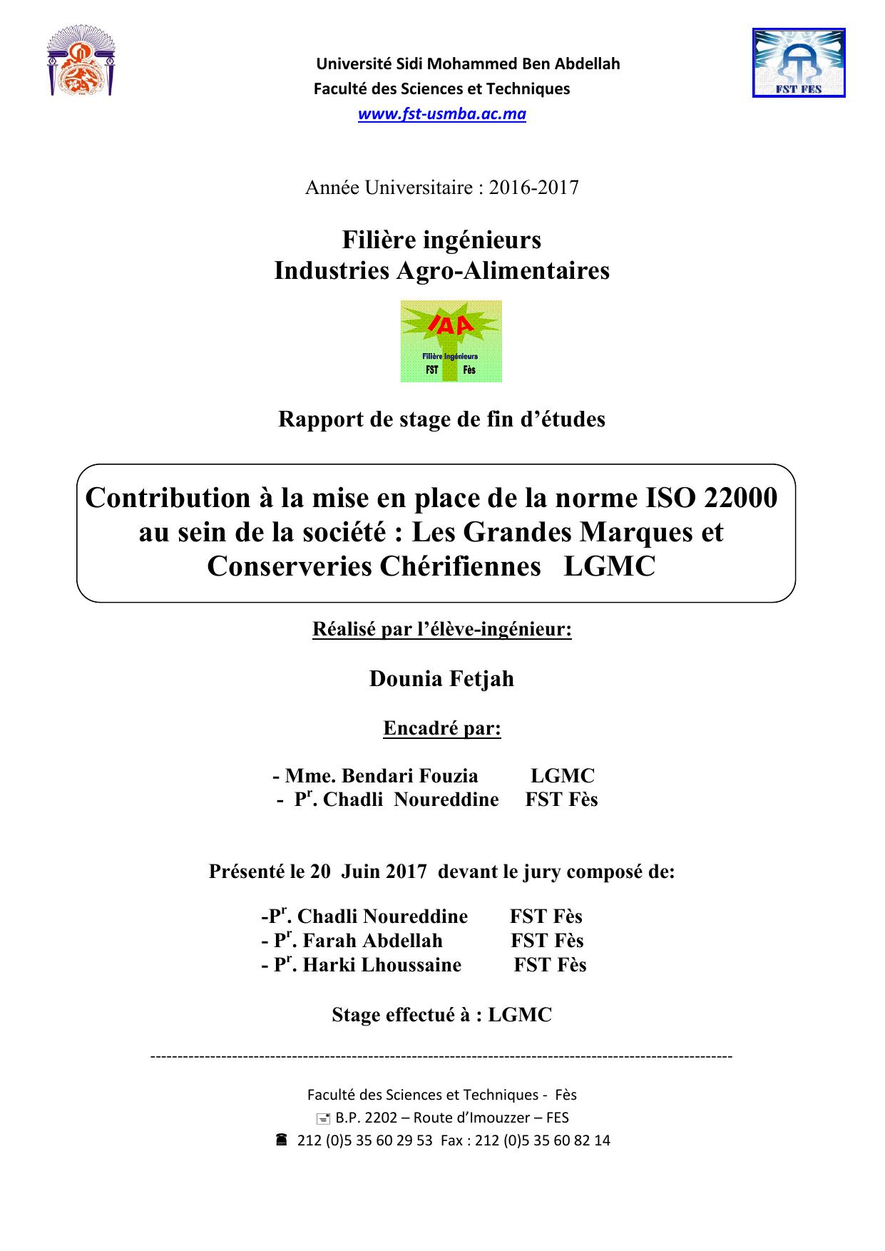 Contribution à la mise en place de la norme ISO 22000 au sein de la société : Les Grandes Marques et Conserveries Chérifiennes LGMC