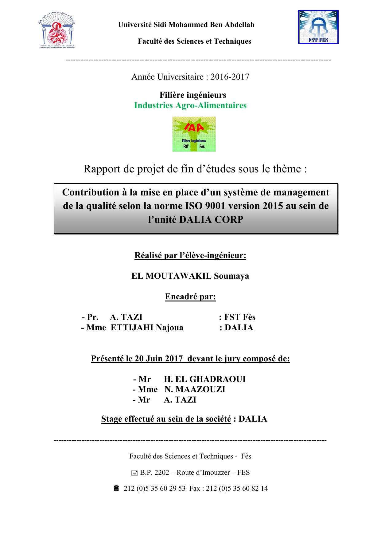 Contribution à la mise en place d’un système de management de la qualité selon la norme ISO 9001 version 2015 au sein de l’unité DALIA CORP