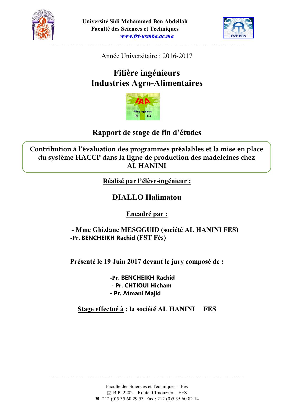 Contribution à l’évaluation des programmes préalables et la mise en place du système HACCP dans la ligne de production des madeleines chez AL HANINI