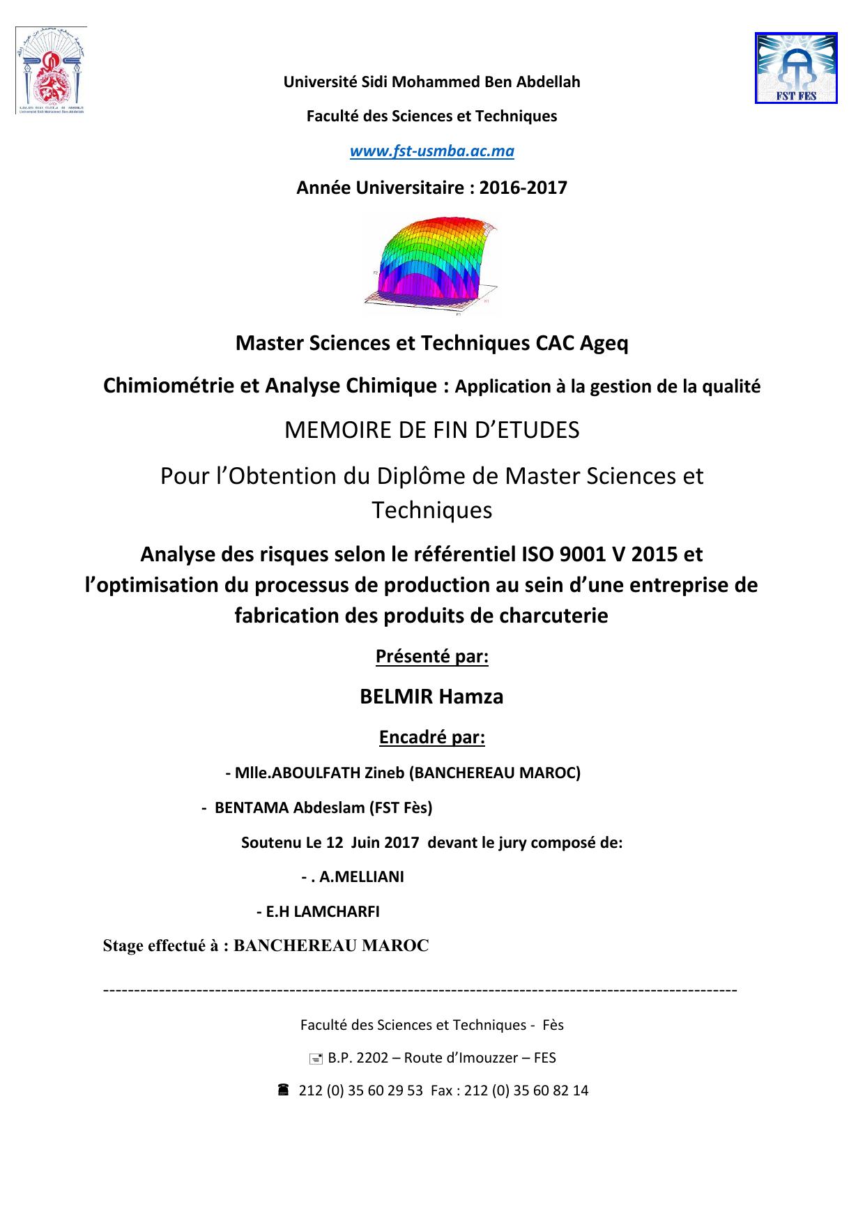 Analyse des risques selon le référentiel ISO 9001 V 2015 et l’optimisation du processus de production au sein d’une entreprise de fabrication des produits de charcuterie