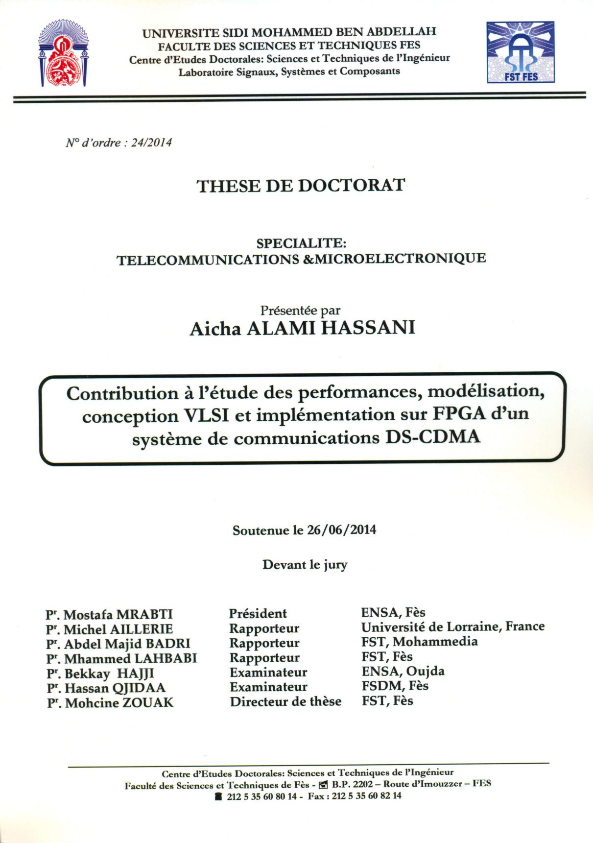 Contribution à l’étude des performances, modélisation, conception VLSI et implémentation sur FPGA d’un système de communications DS-CDMA