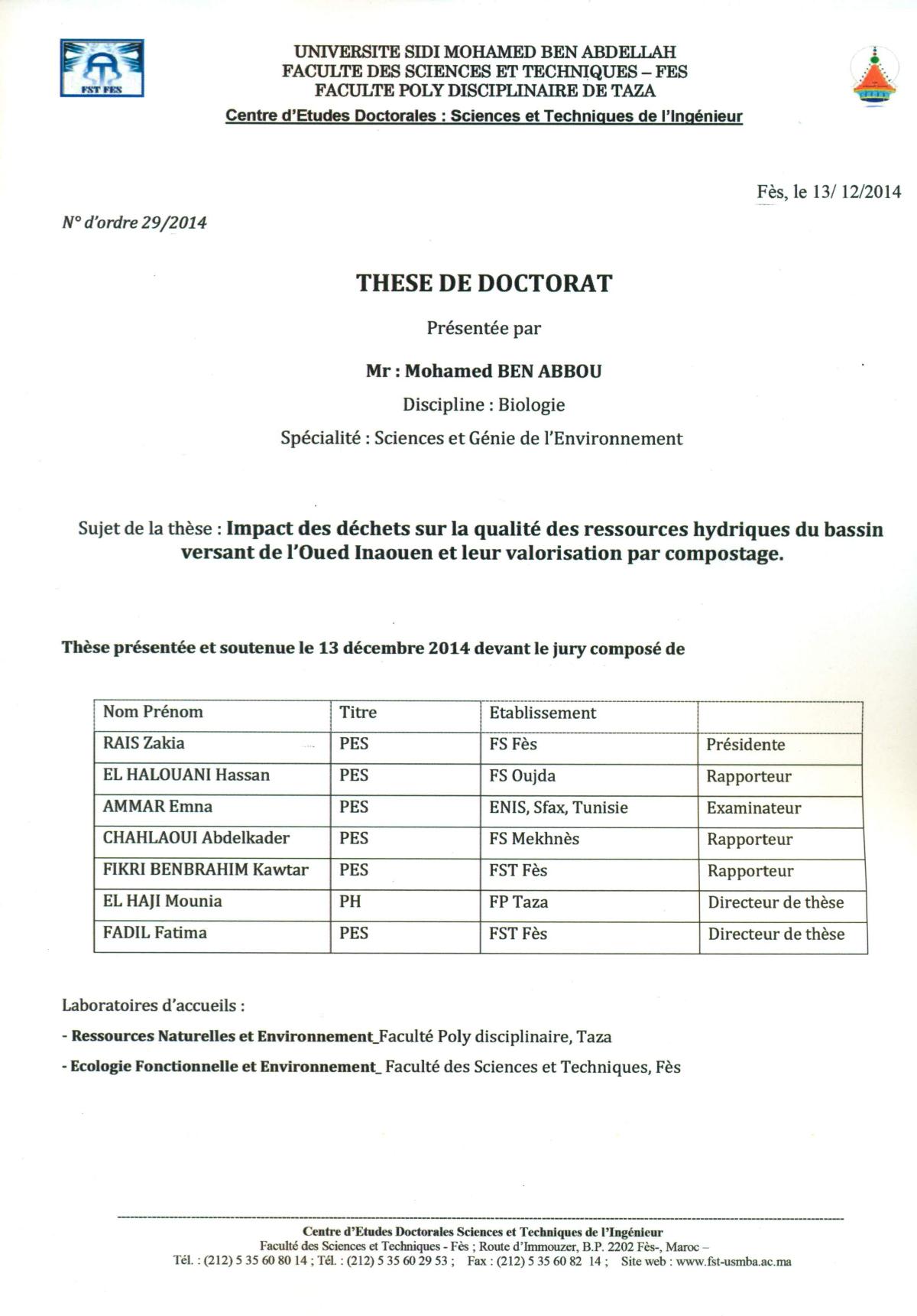 Impact des rejets sur la qualité des ressources hydriques du bassin versant de l’Oued Inaouen et leur valorisation par compostage