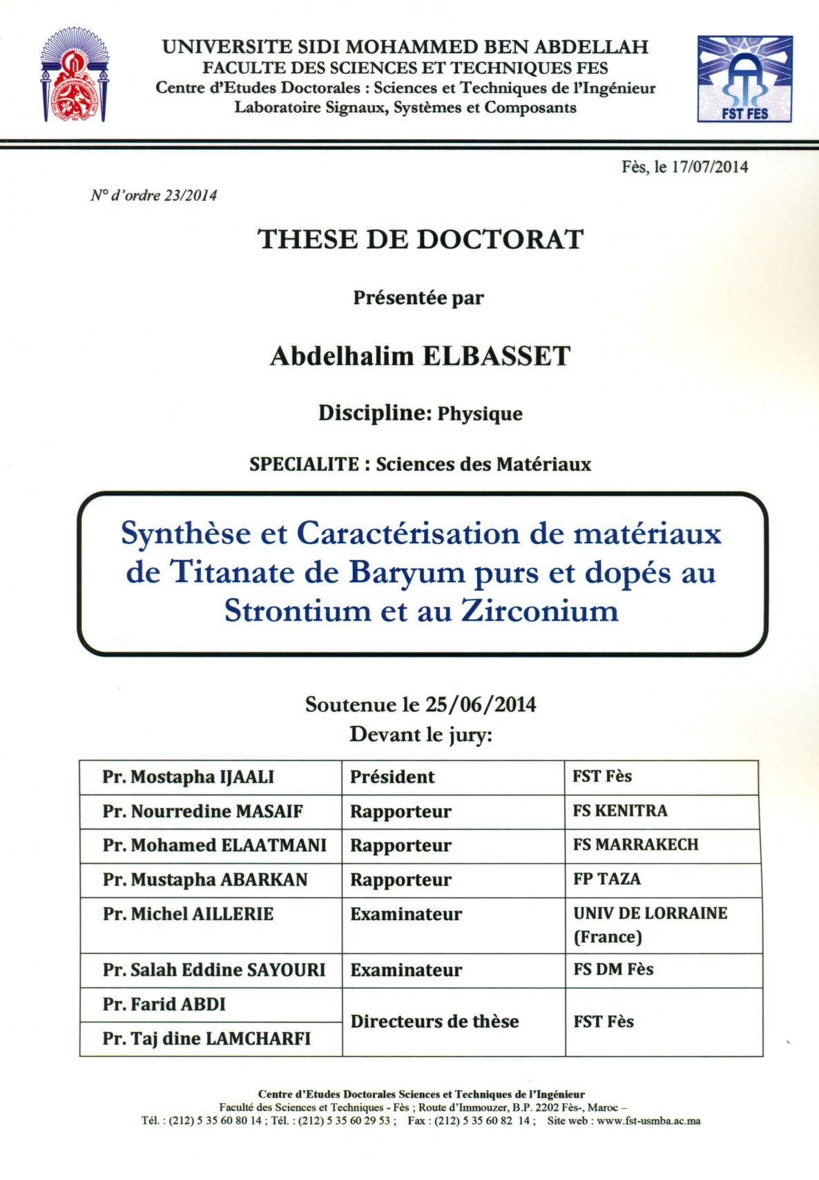 Synthèse et caractérisation de matériaux de Titanate de Baryum purs et dopés au Strontium et u Zirconium