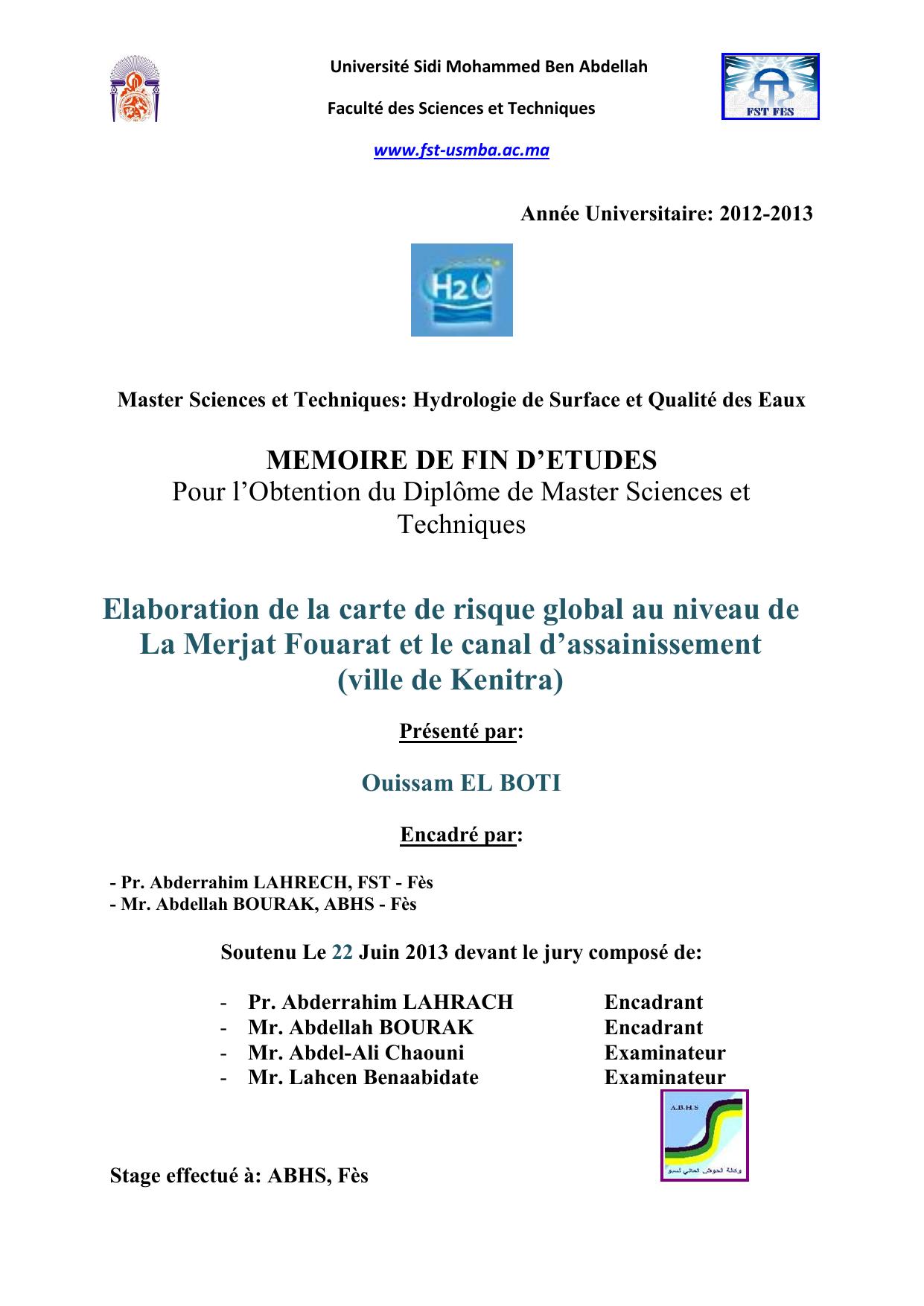 Elaboration de la carte de risque global au niveau de La Merjat Fouarat et le canal d’assainissement (ville de Kenitra)