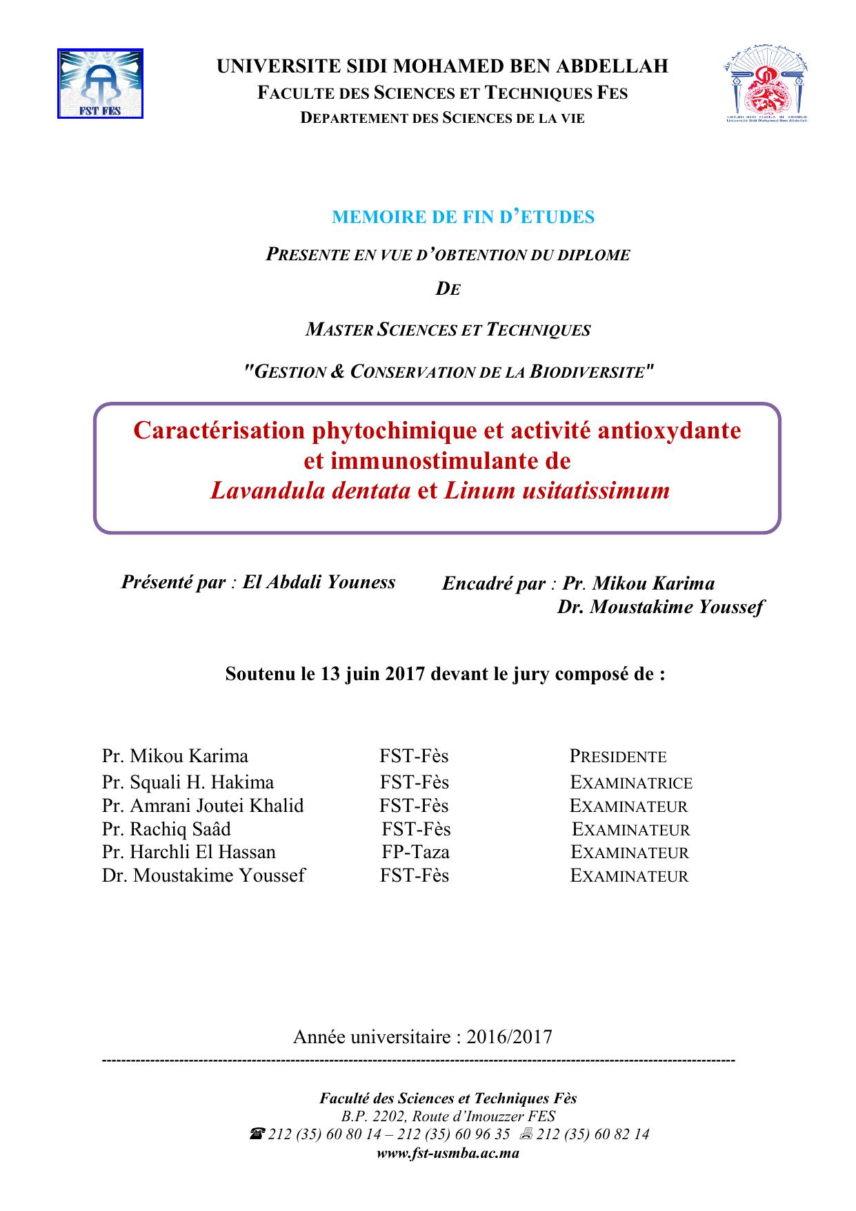 Caractérisation phytochimique et activité antioxydante et immunostimulante de Lavandula dentata et Linum usitatissimum