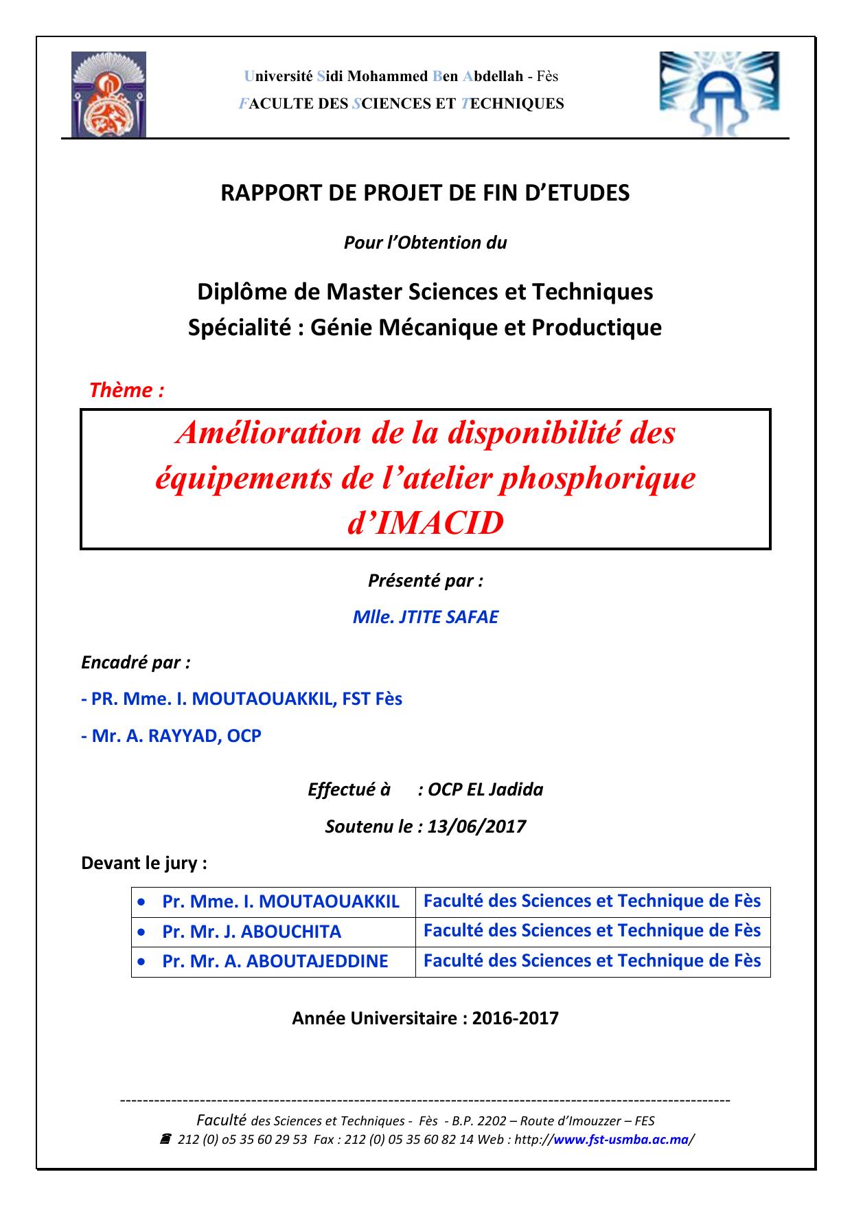 Amélioration de la disponibilité des équipements de l’atelier phosphorique d’IMACID