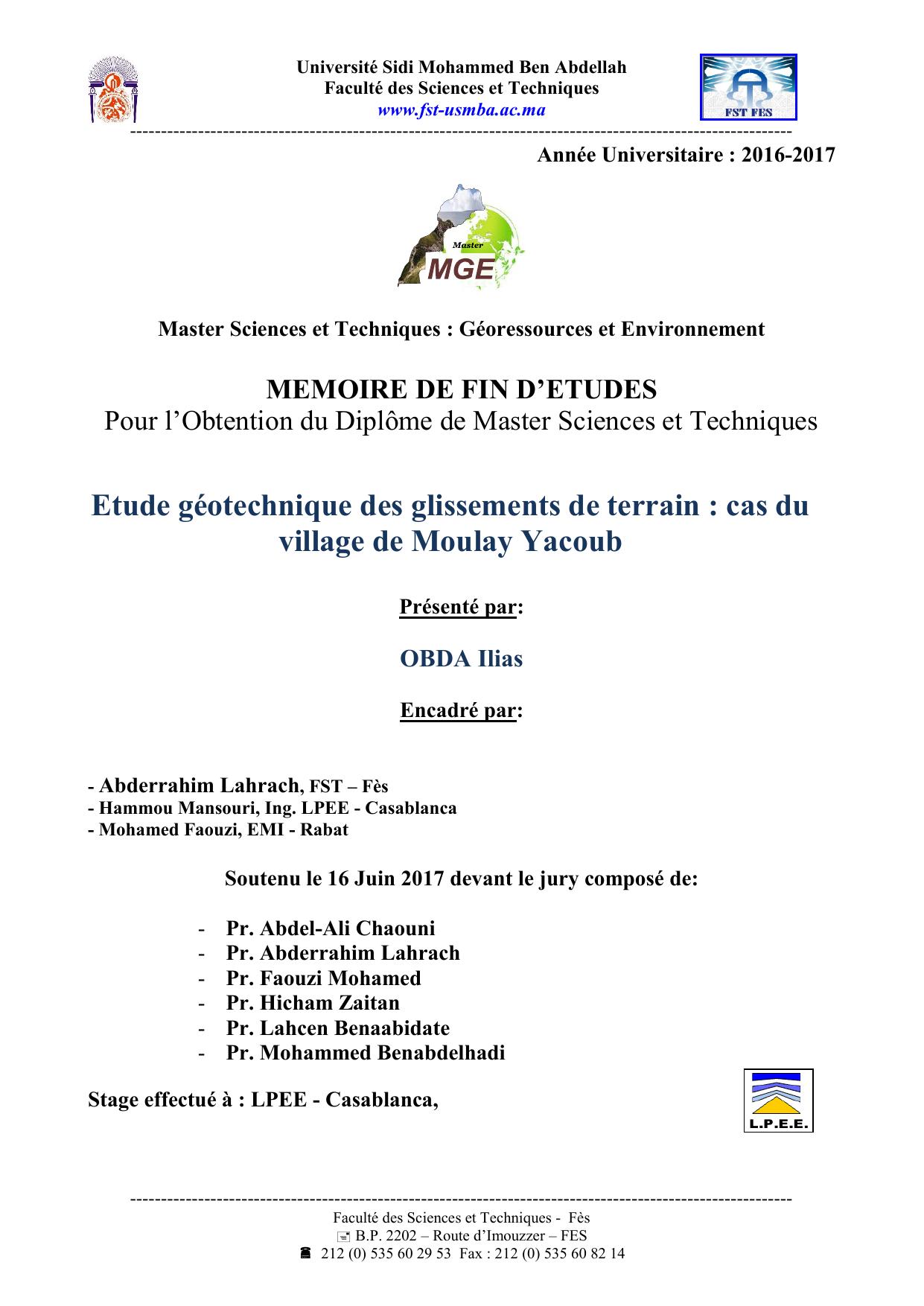 Etude géotechnique des glissements de terrain : cas du village de Moulay Yacoub