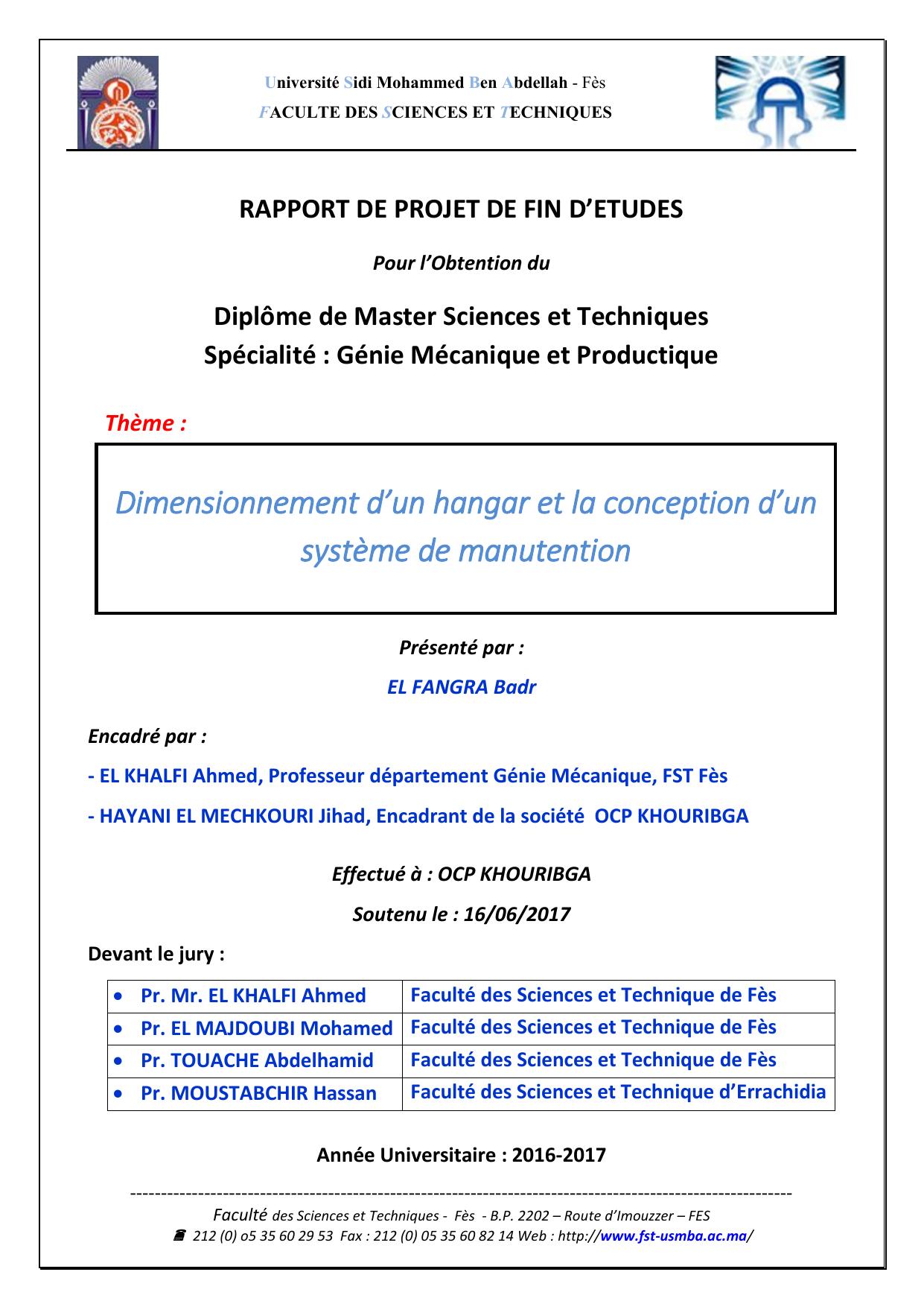 Dimensionnement d’un hangar et la conception d’un système de manutention