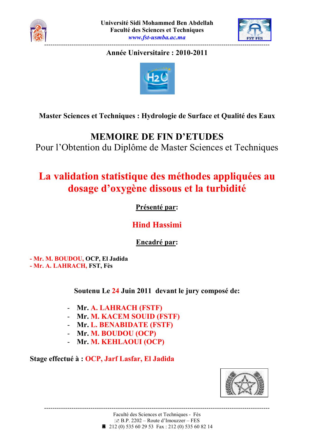 La validation statistique des méthodes appliquées au dosage d’oxygène dissous et la turbidité