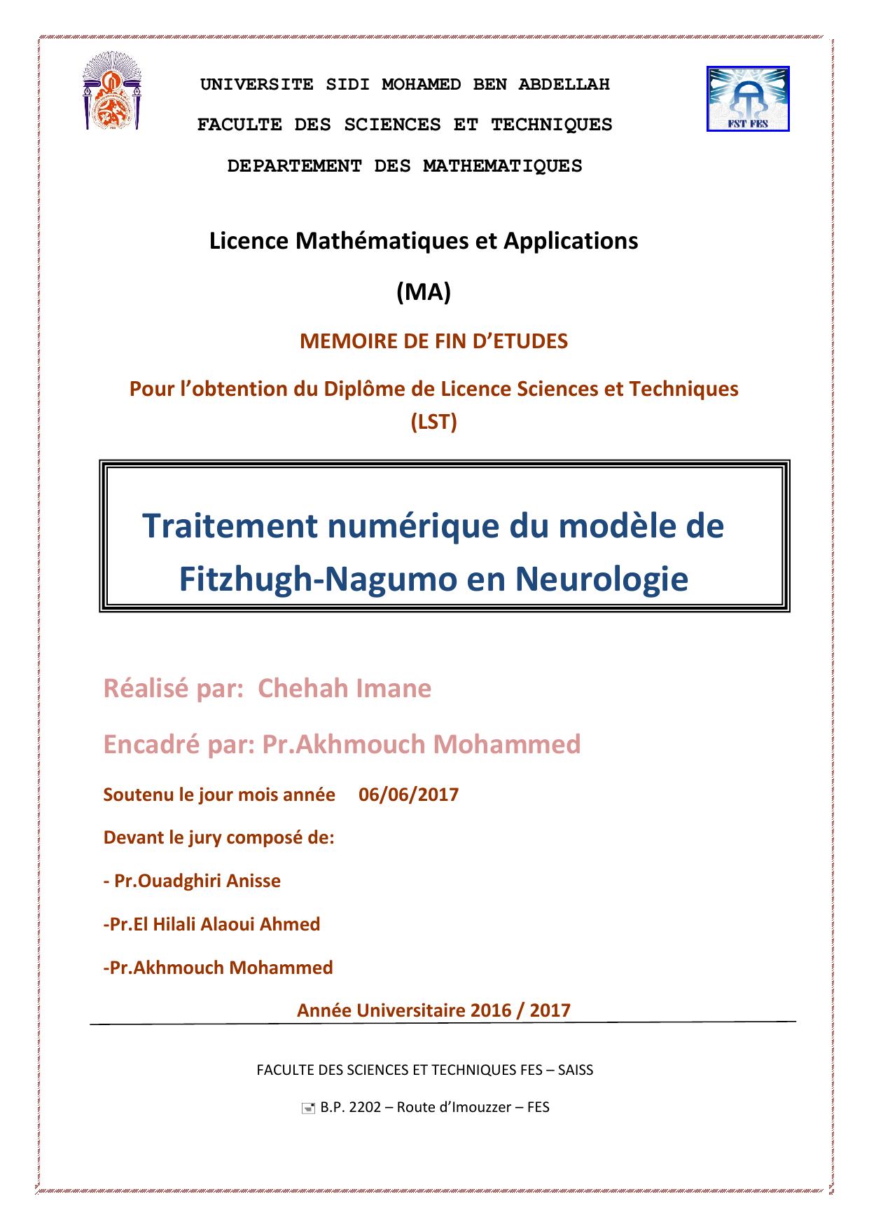 Traitement numérique du modèle de Fitzhugh-Nagumo en Neurologie