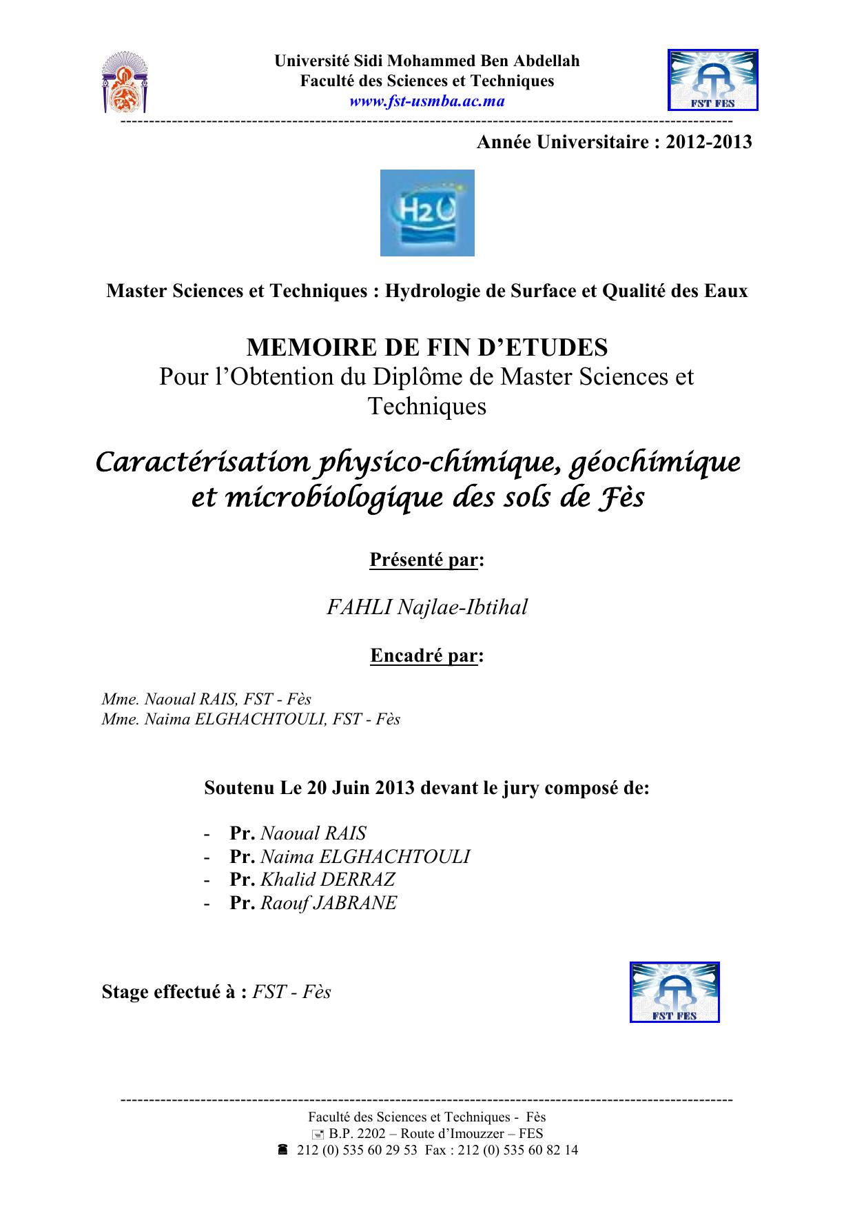 Caractérisation physico-chimique, géochimique et microbiologique des sols de Fès