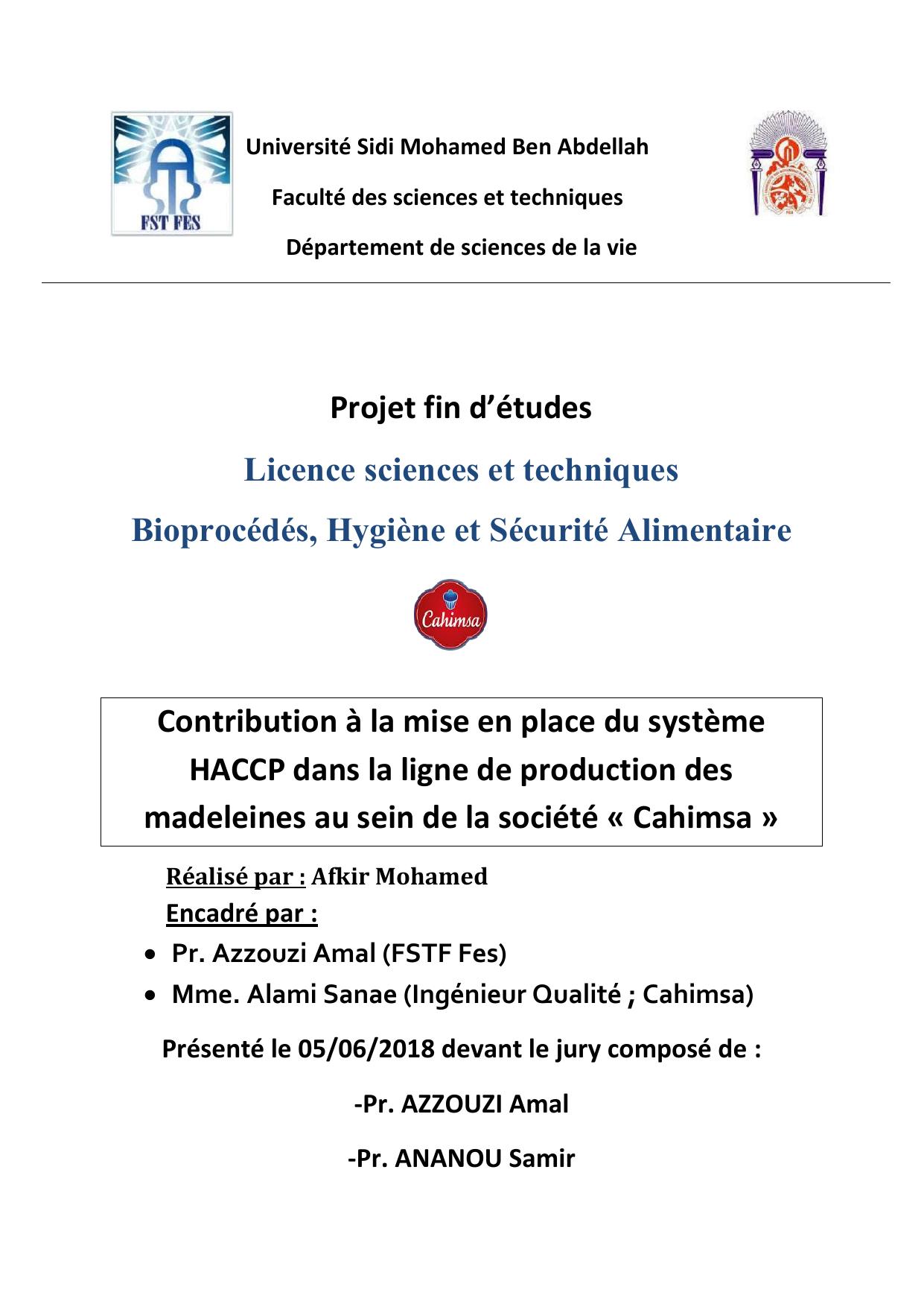 Contribution à la mise en place du système HACCP dans la ligne de production des madeleines au sein de la société « Cahimsa »
