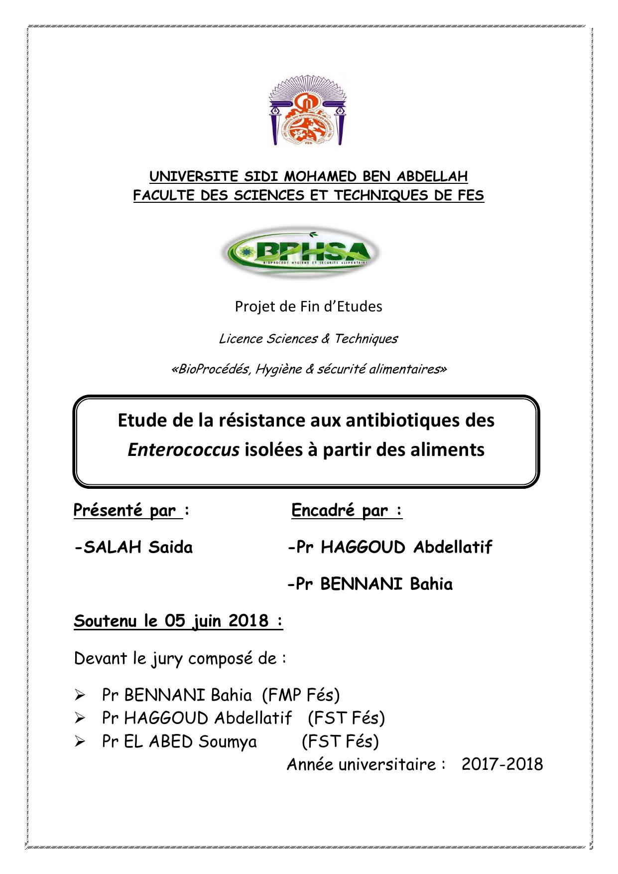 Etude de la résistance aux antibiotiques des Enterococcus isolées à partir des aliments