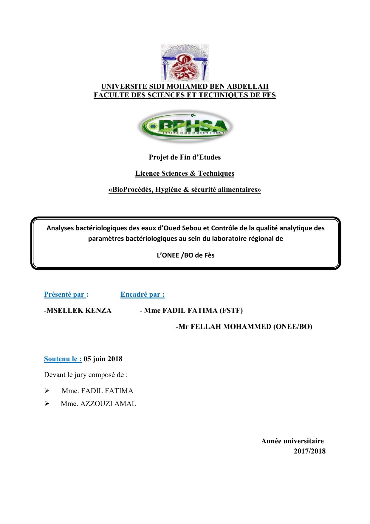 Analyses bactériologiques des eaux d’Oued Sebou et Contrôle de la qualité analytique des paramètres bactériologiques au sein du laboratoire régional de L’ONEE /BO de Fès