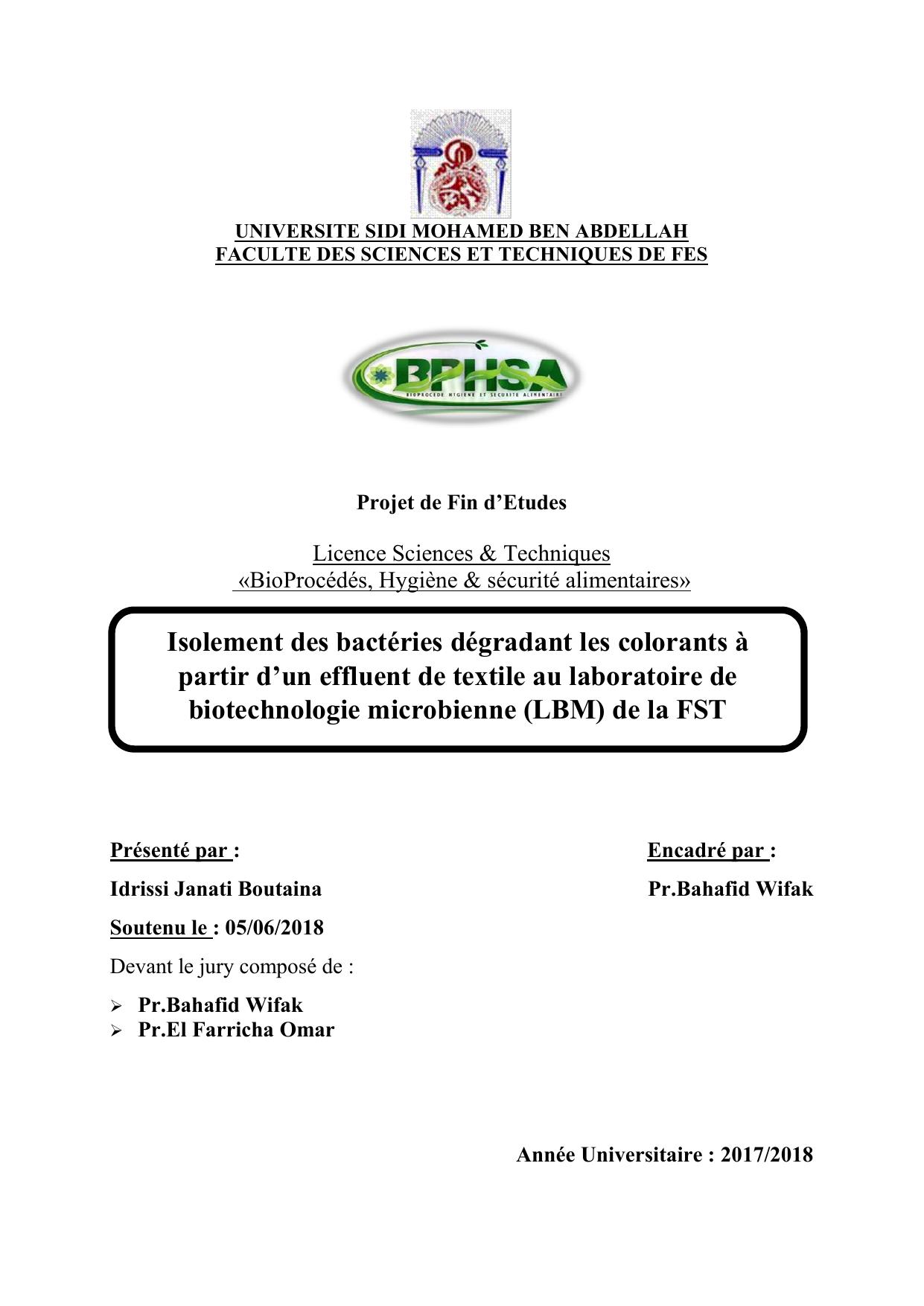 Isolement des bactéries dégradant les colorants à partir d’un effluent de textile au laboratoire de biotechnologie microbienne (LBM) de la FST