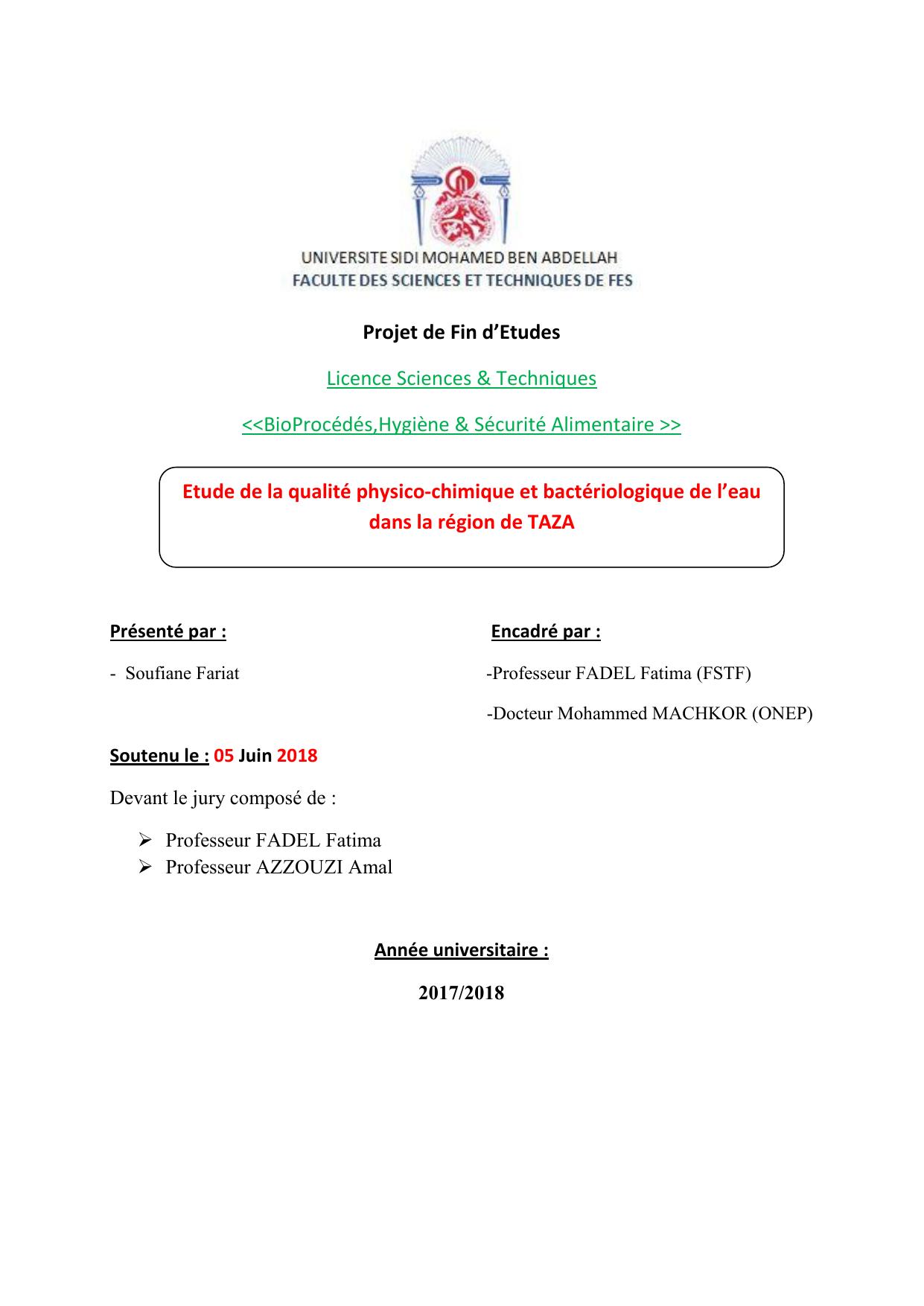 Etude de la qualité physico-chimique et bactériologique de l’eau dans la région de TAZA