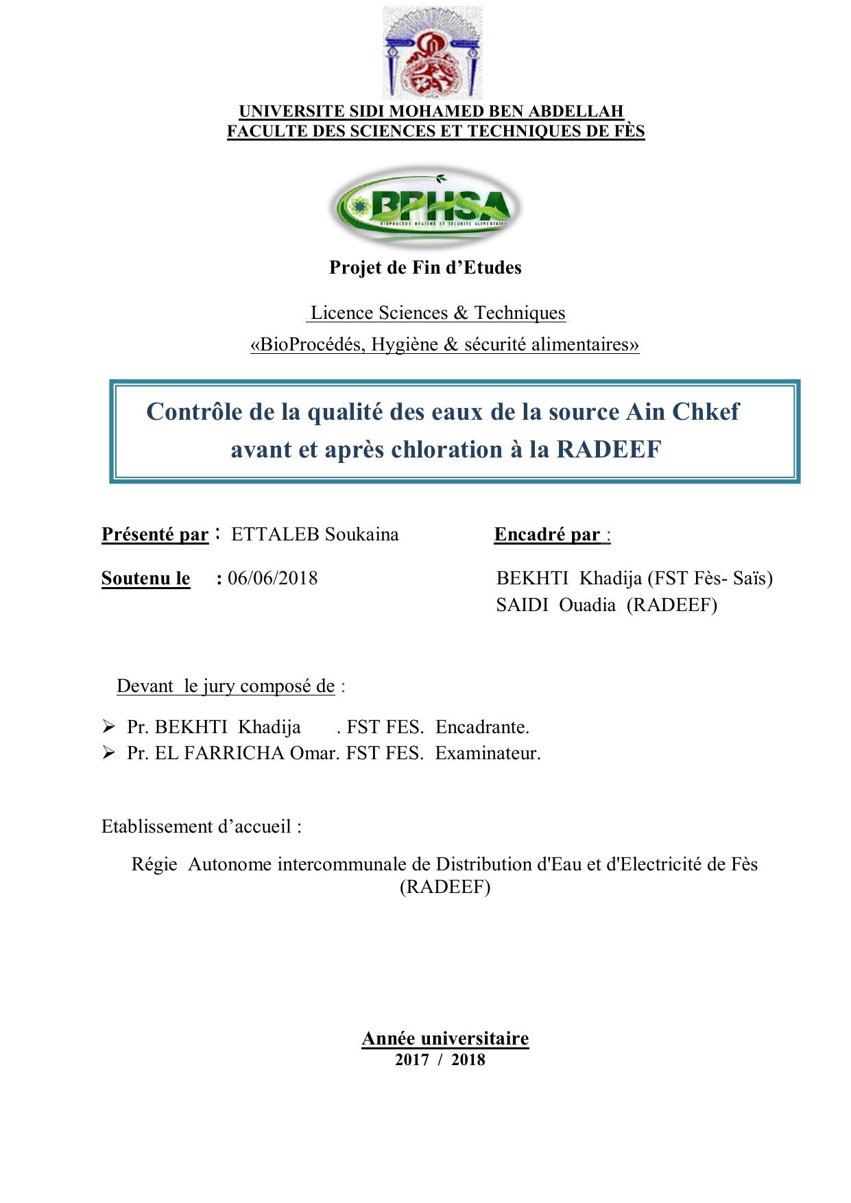 Contrôle de la qualité des eaux de la source Ain Chkef avant et après chloration à la RADEEF