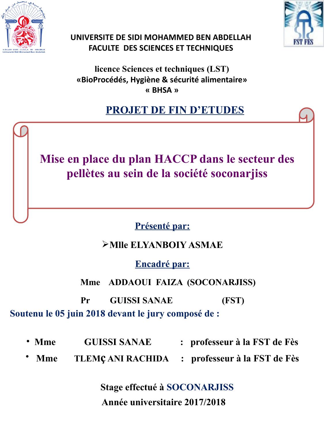 Mise en place du plan HACCP dans le secteur des pellètes au sein de la société soconarjiss