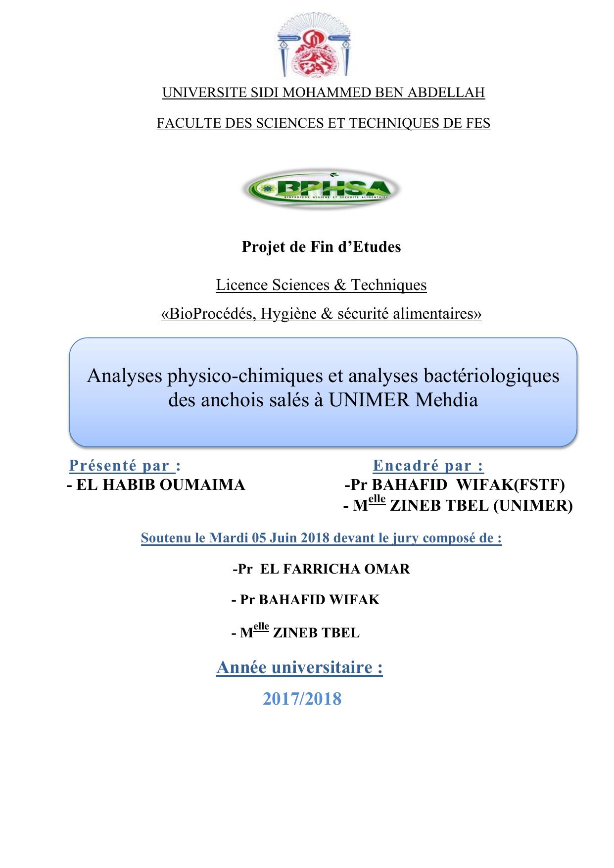 Analyses physico-chimiques et analyses bactériologiques des anchois salés à UNIMER Mehdia