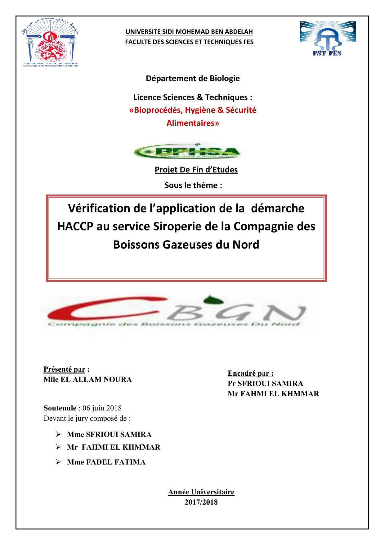 Vérification de l’application de la démarche HACCP au service Siroperie de la Compagnie des Boissons Gazeuses du Nord
