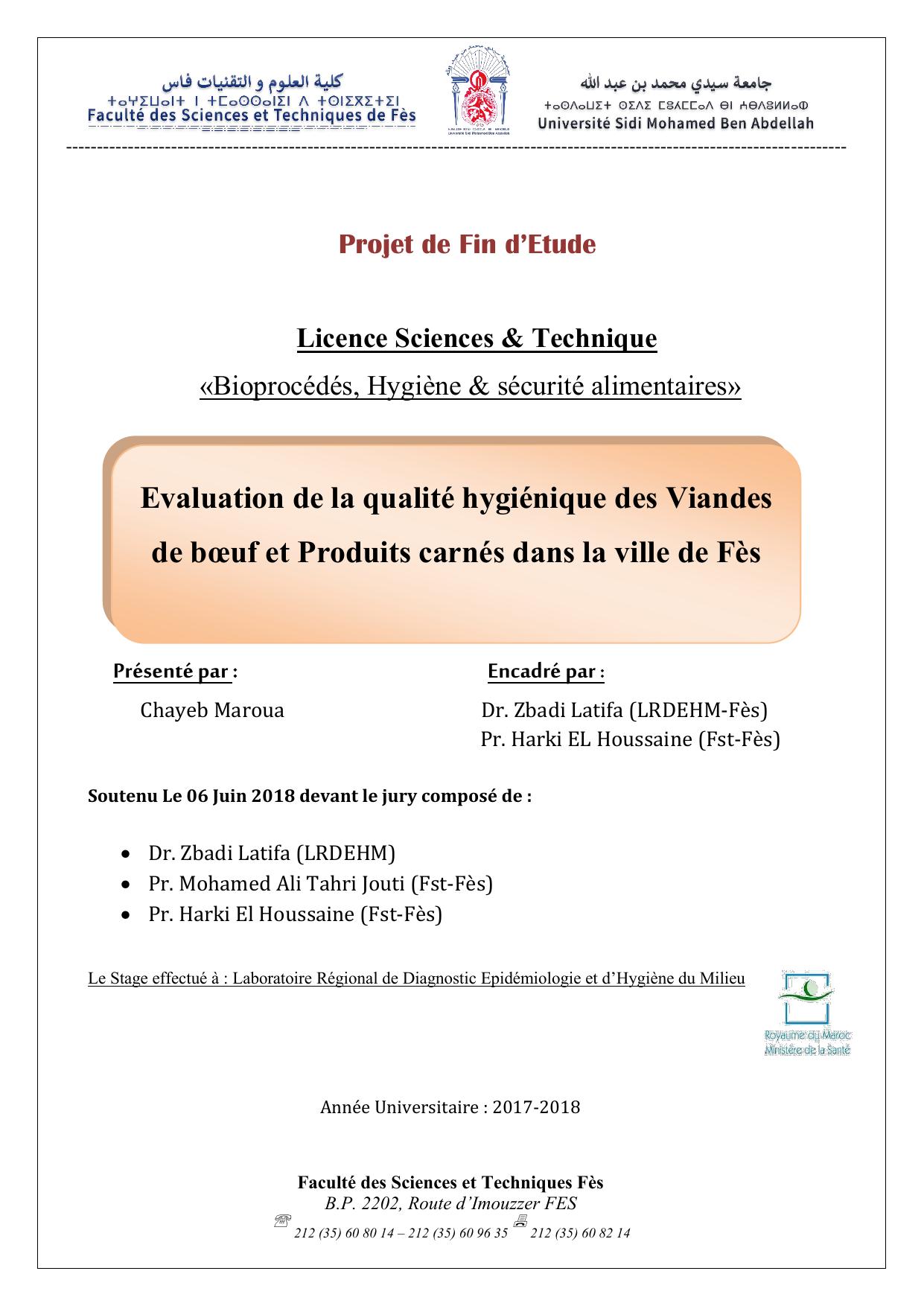 Evaluation de la qualité hygiénique des Viandes de boeuf et Produits carnés dans la ville de Fès