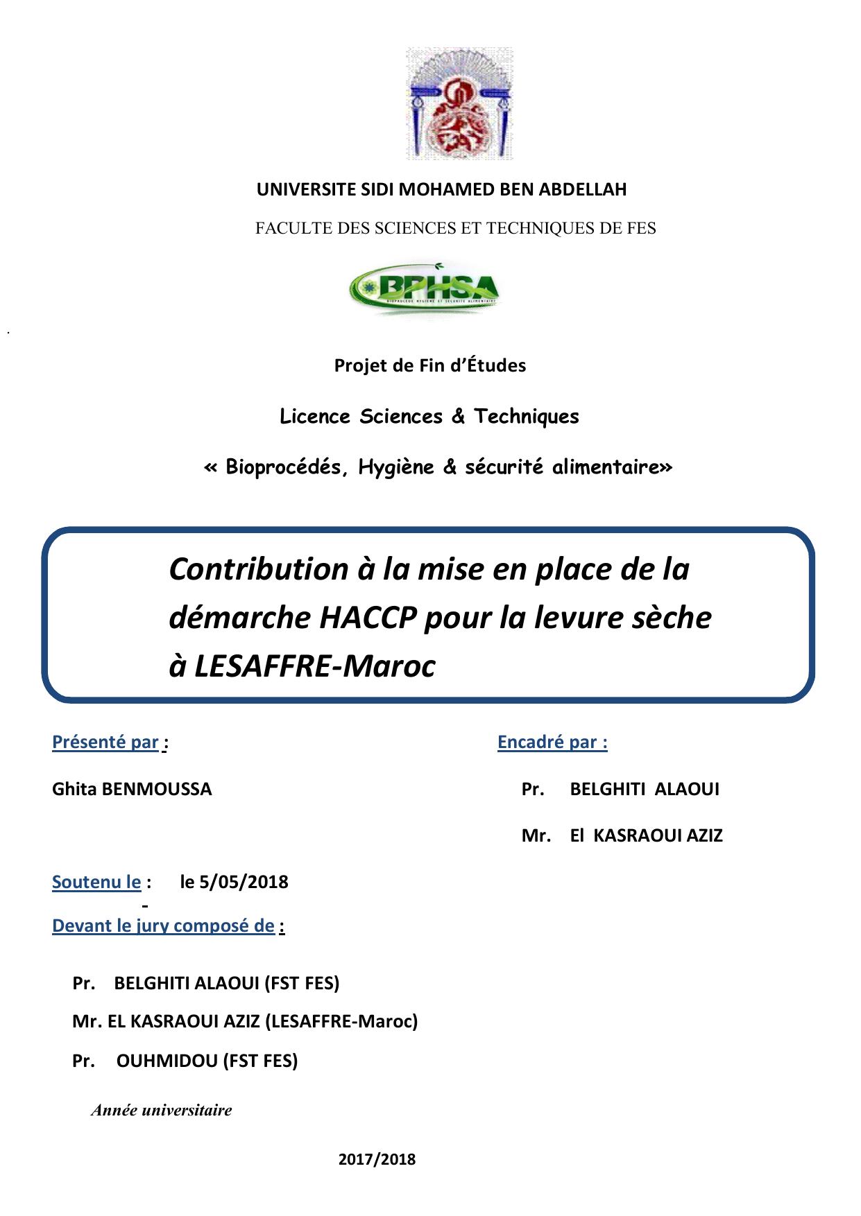 Contribution à la mise en place de la démarche HACCP pour la levure sèche à LESAFFRE-Maroc