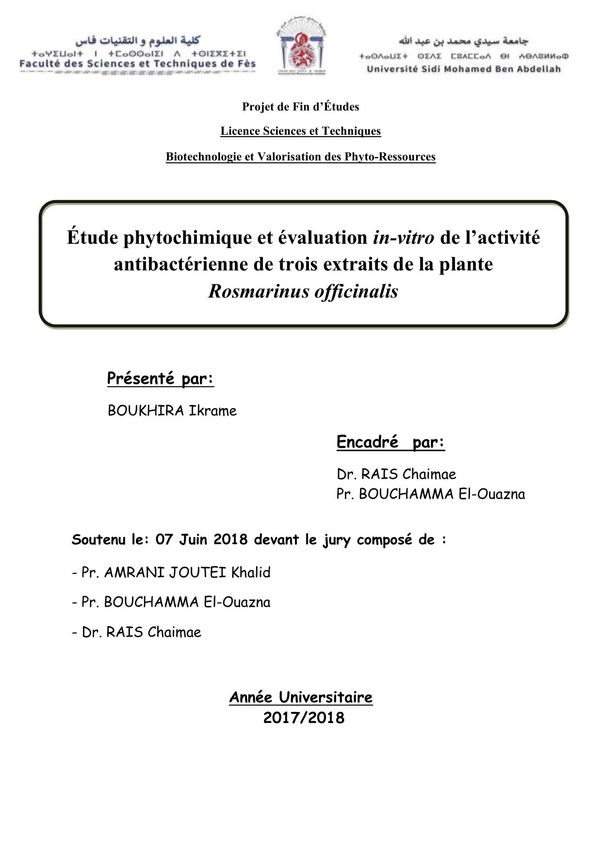 Étude phytochimique et évaluation in-vitro de l’activité antibactérienne de trois extraits de la plante Rosmarinus officinalis