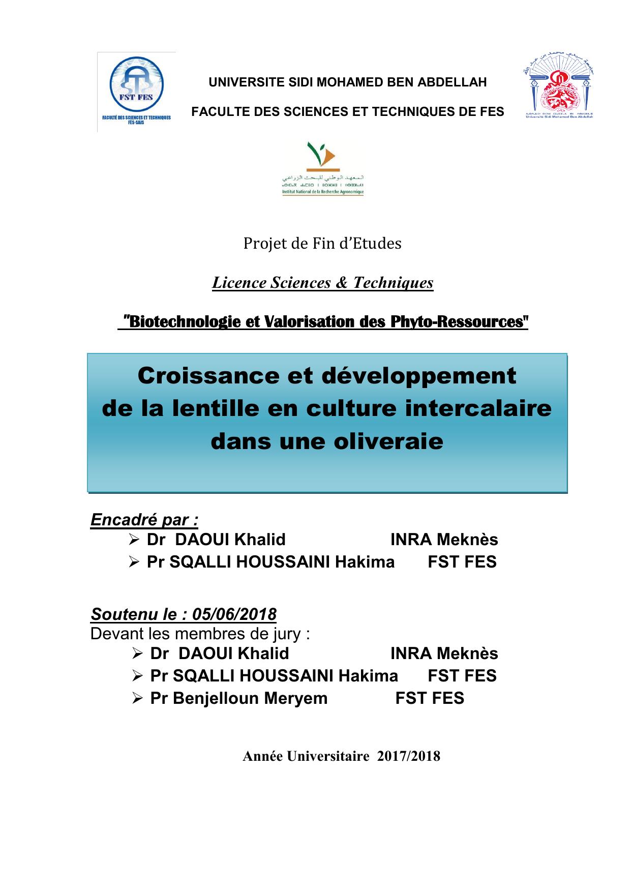 Croissance et développement de la lentille en culture intercalaire dans une oliveraie