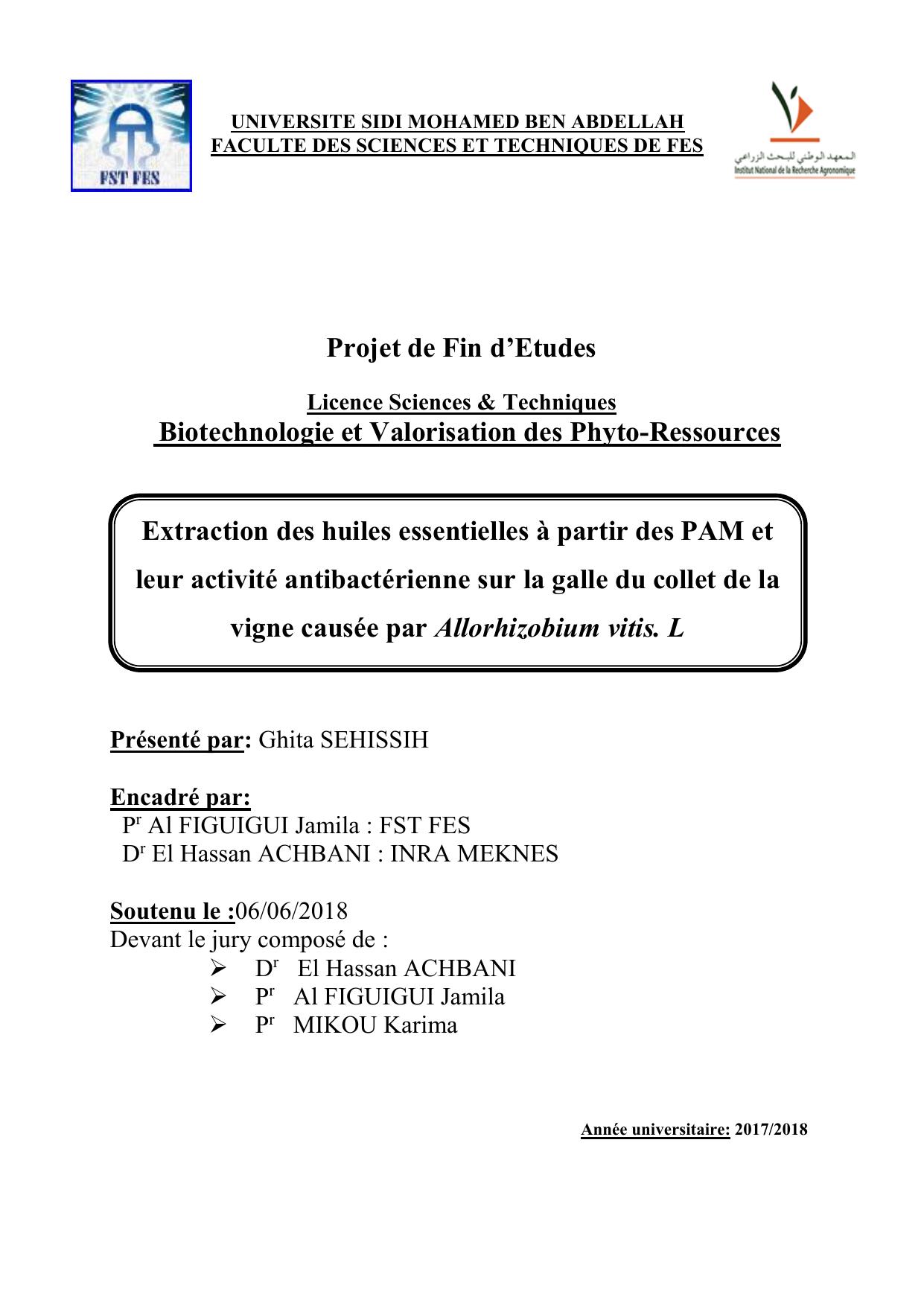 Extraction des huiles essentielles à partir des PAM et leur activité antibactérienne sur la galle du collet de la vigne causée par Allorhizobium vitis. L