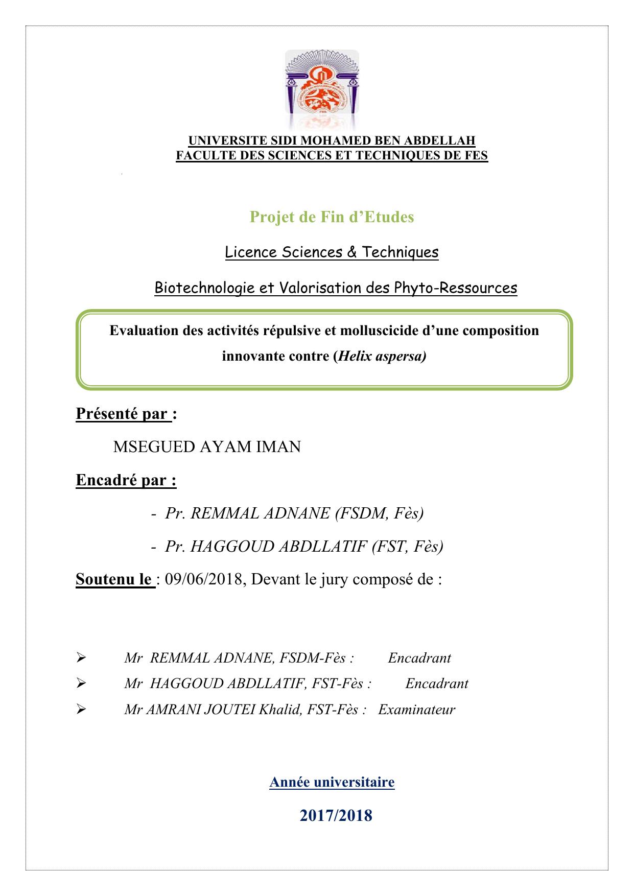 Evaluation des activités répulsive et molluscicide d’une composition innovante contre (Helix aspersa)