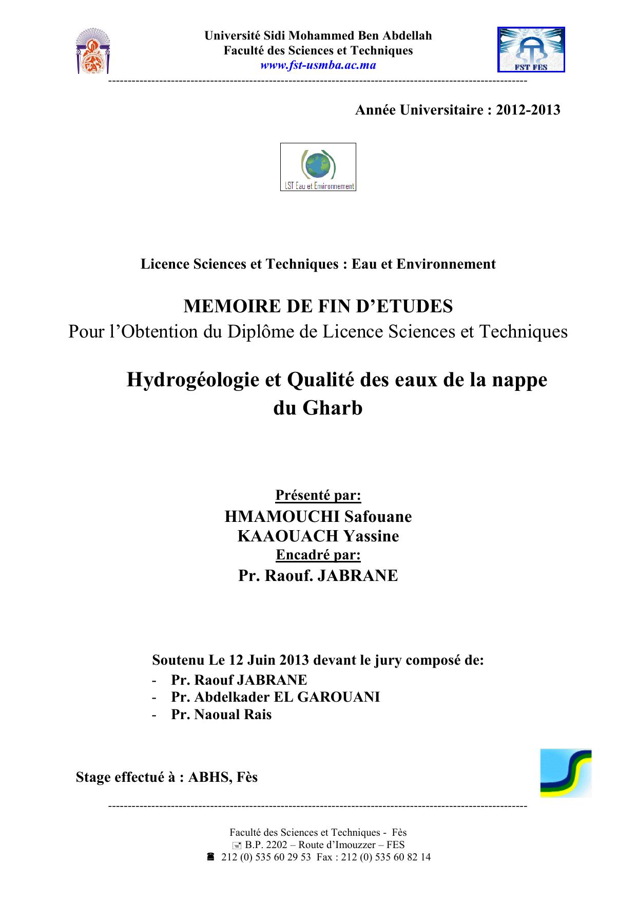 Hydrogéologie et Qualité des eaux de la nappe du Gharb