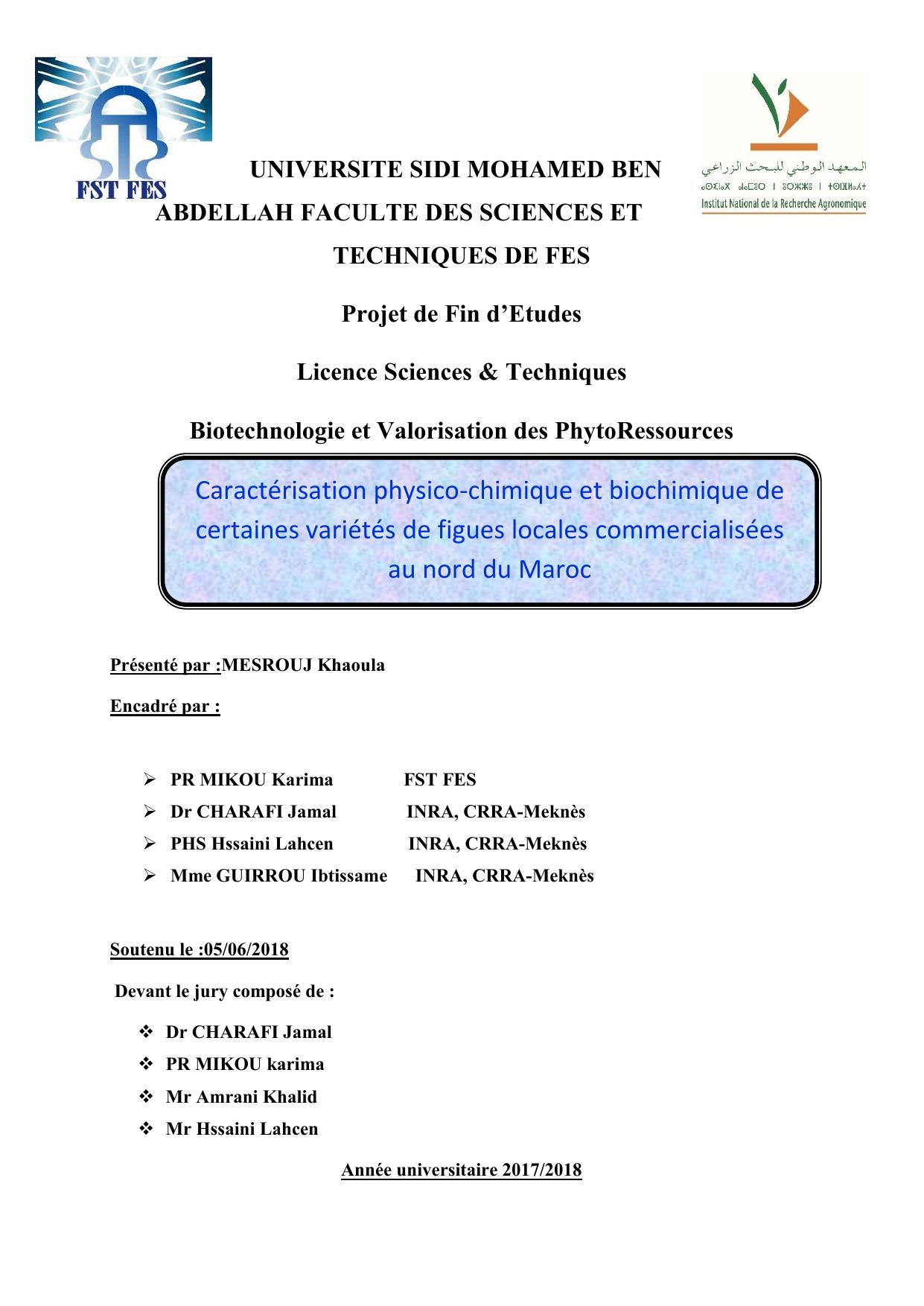 Caractérisation physico-chimique et biochimique de certaines variétés de figues locales commercialisées au nord du Maroc