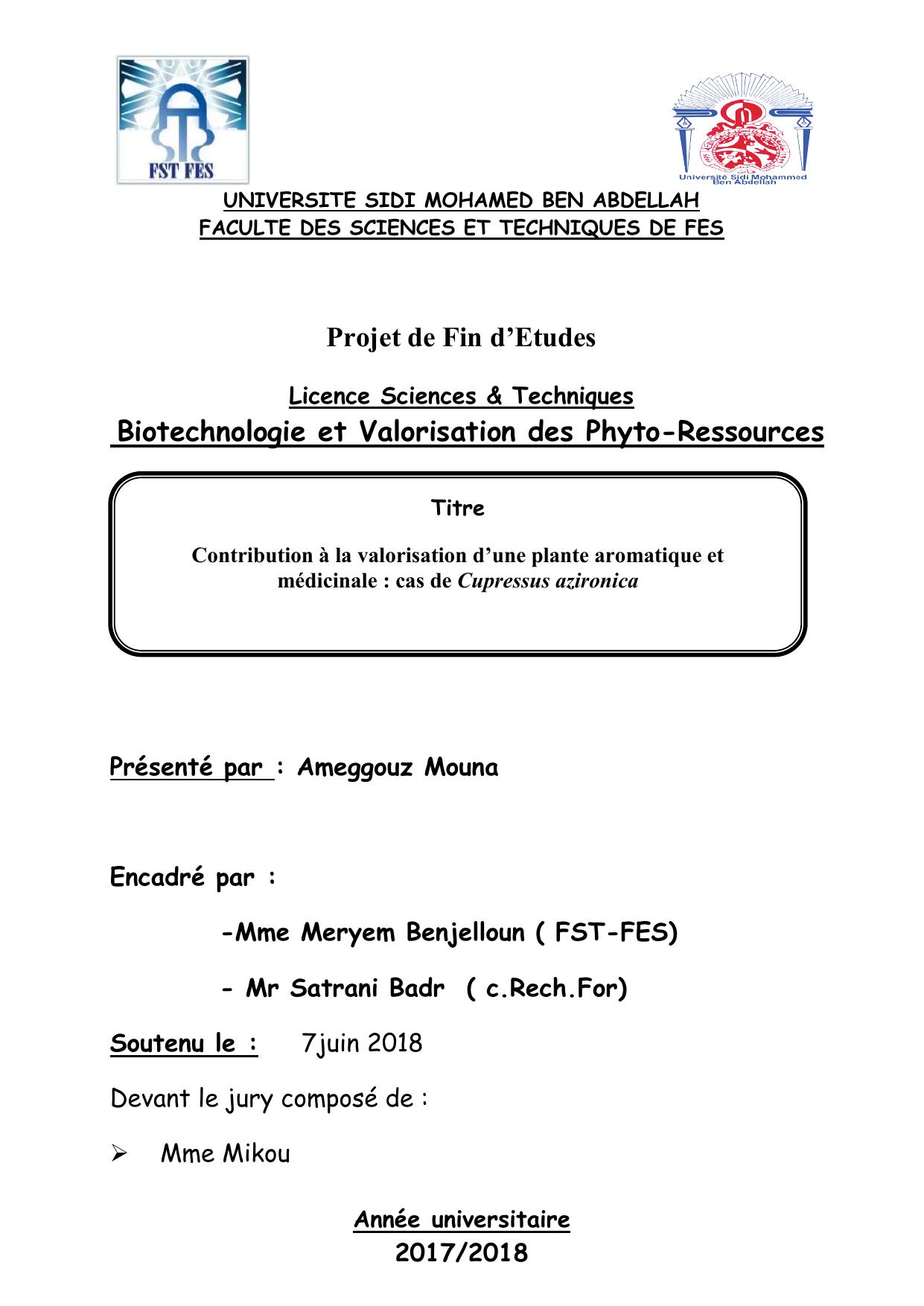 Contribution à la valorisation d’une plante aromatique et médicinale : cas de Cupressus azironica