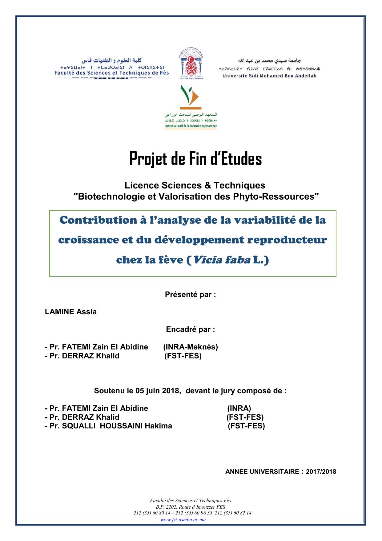 Contribution à l’analyse de la variabilité de la croissance et du développement reproducteur chez la fève (Vicia faba L.)