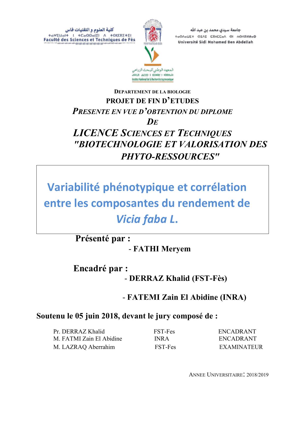 Variabilité phénotypique et corrélation entre les composantes du rendement de Vicia faba L.