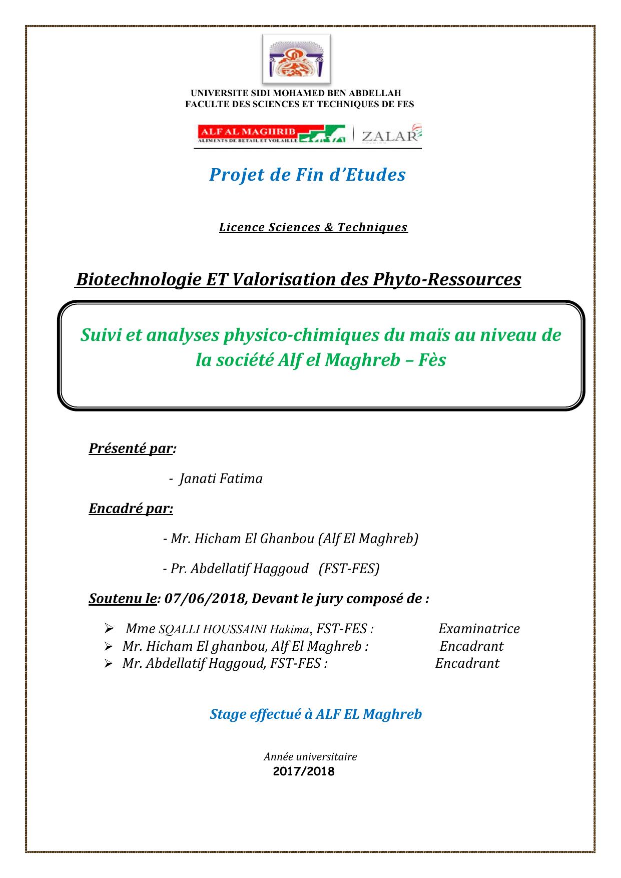 Suivi et analyses physico-chimiques du maïs au niveau de la société Alf el Maghreb – Fès