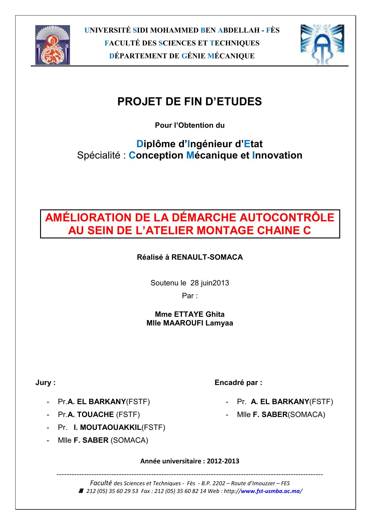 Amélioration de la démarche autocontrole au sein de l'atelier monrage chaine C