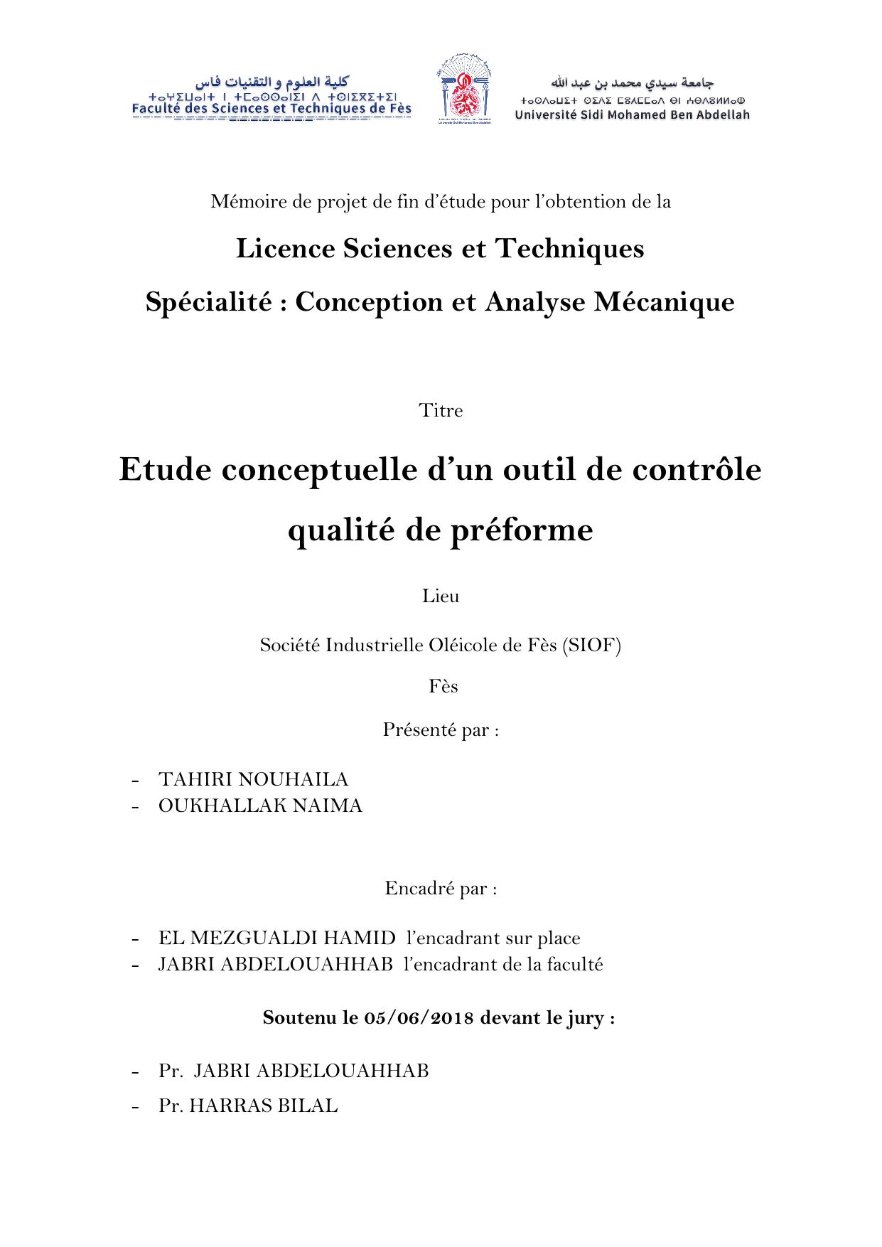 Etude conceptuelle d’un outil de contrôle qualité de préforme