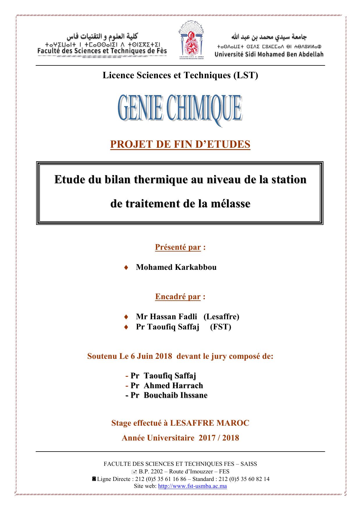 Etude du bilan thermique au niveau de la station de traitement de la mélasse