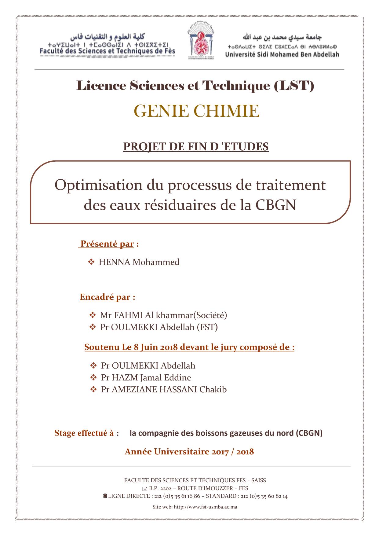 Optimisation du processus de traitement des eaux résiduaires de la CBGN