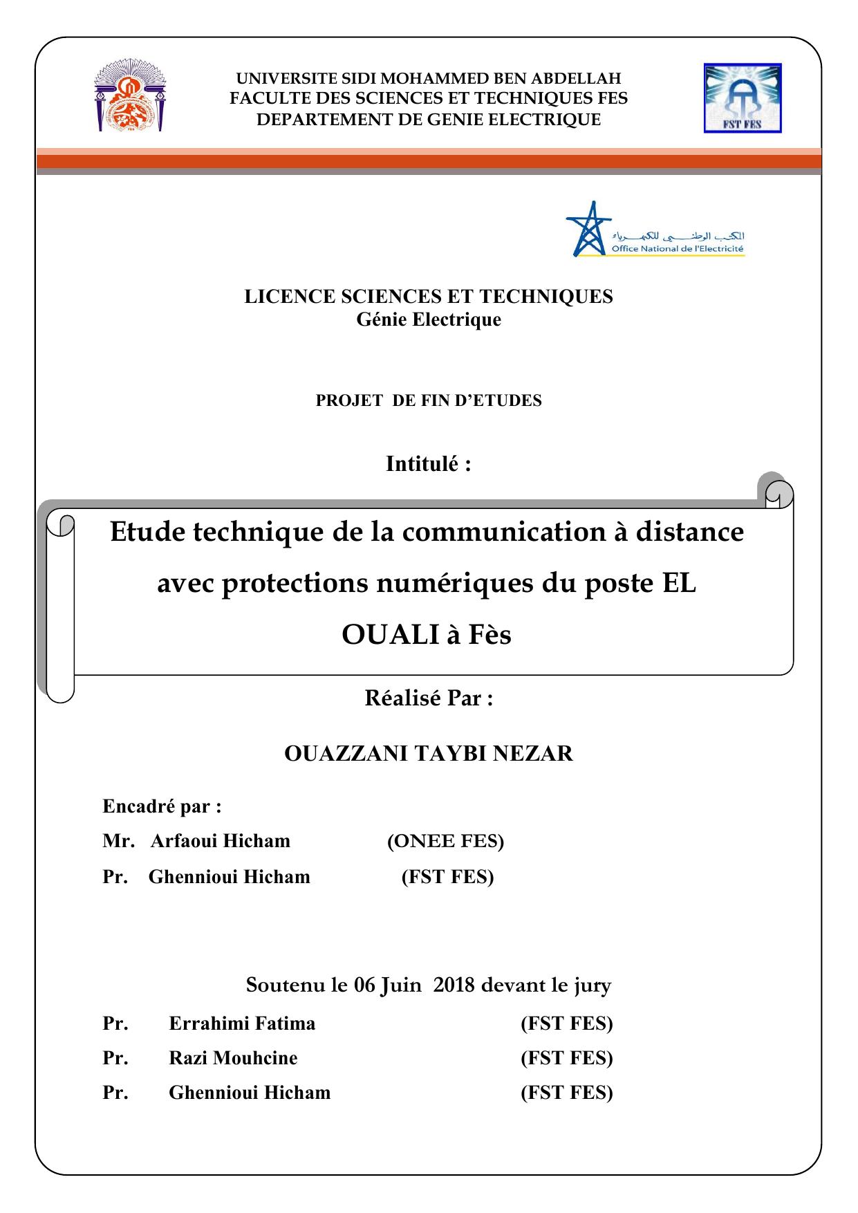 Etude technique de la communication à distance avec protections numériques du poste EL OUALI à Fès