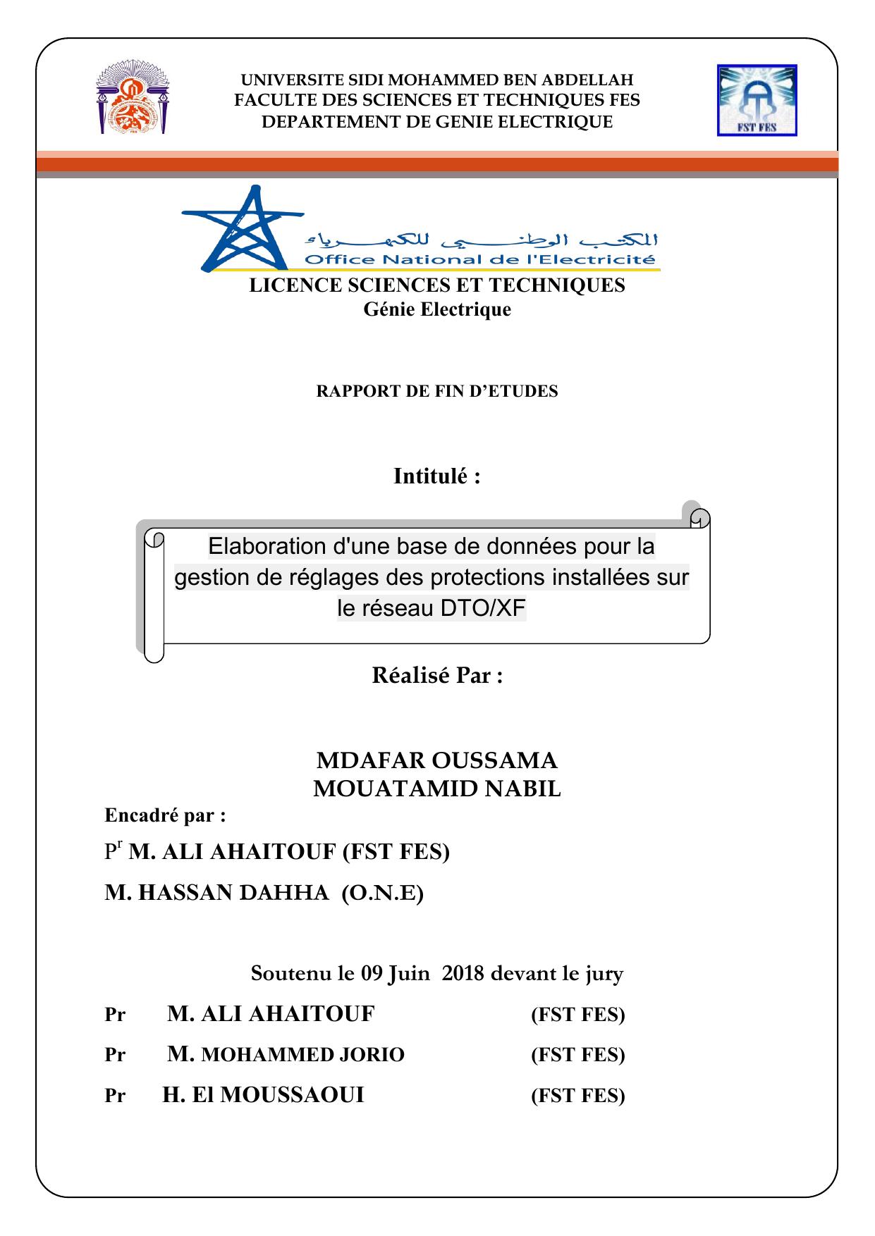 Elaboration d'une base de données pour la gestion de réglages des protections installées sur le réseau DTO/XF