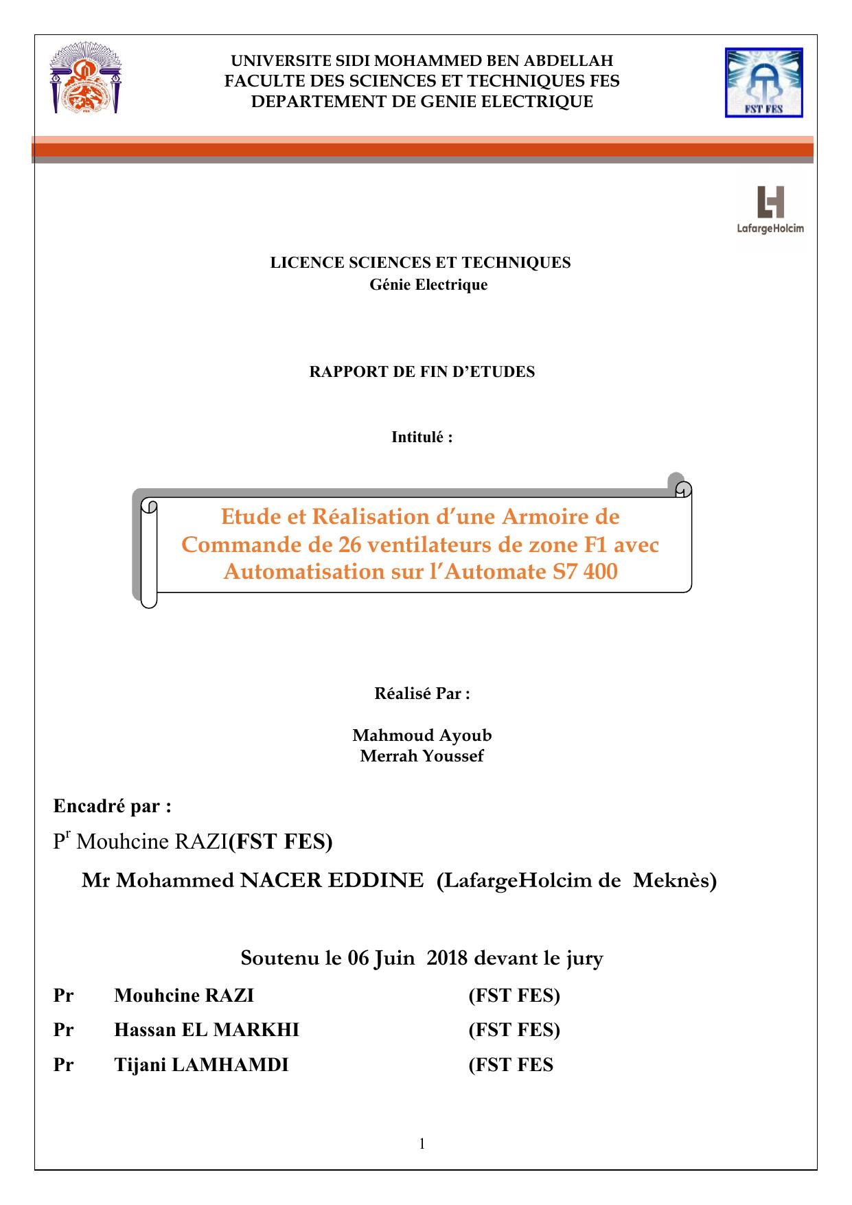 Etude et Réalisation d’une Armoire de Commande de 26 ventilateurs de zone F1 avec Automatisation sur l’Automate S7 400