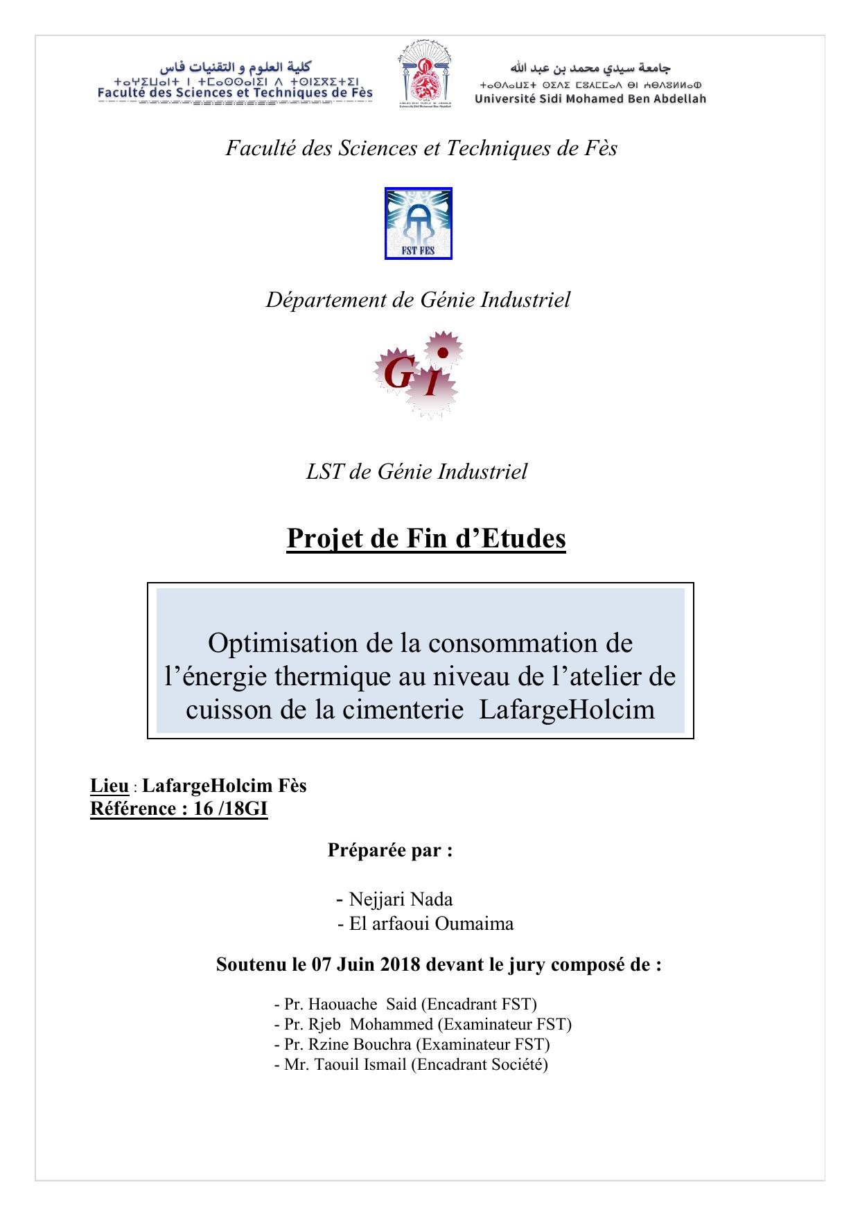 Optimisation de la consommation de l’énergie thermique au niveau de l’atelier de cuisson de la cimenterie LafargeHolcim