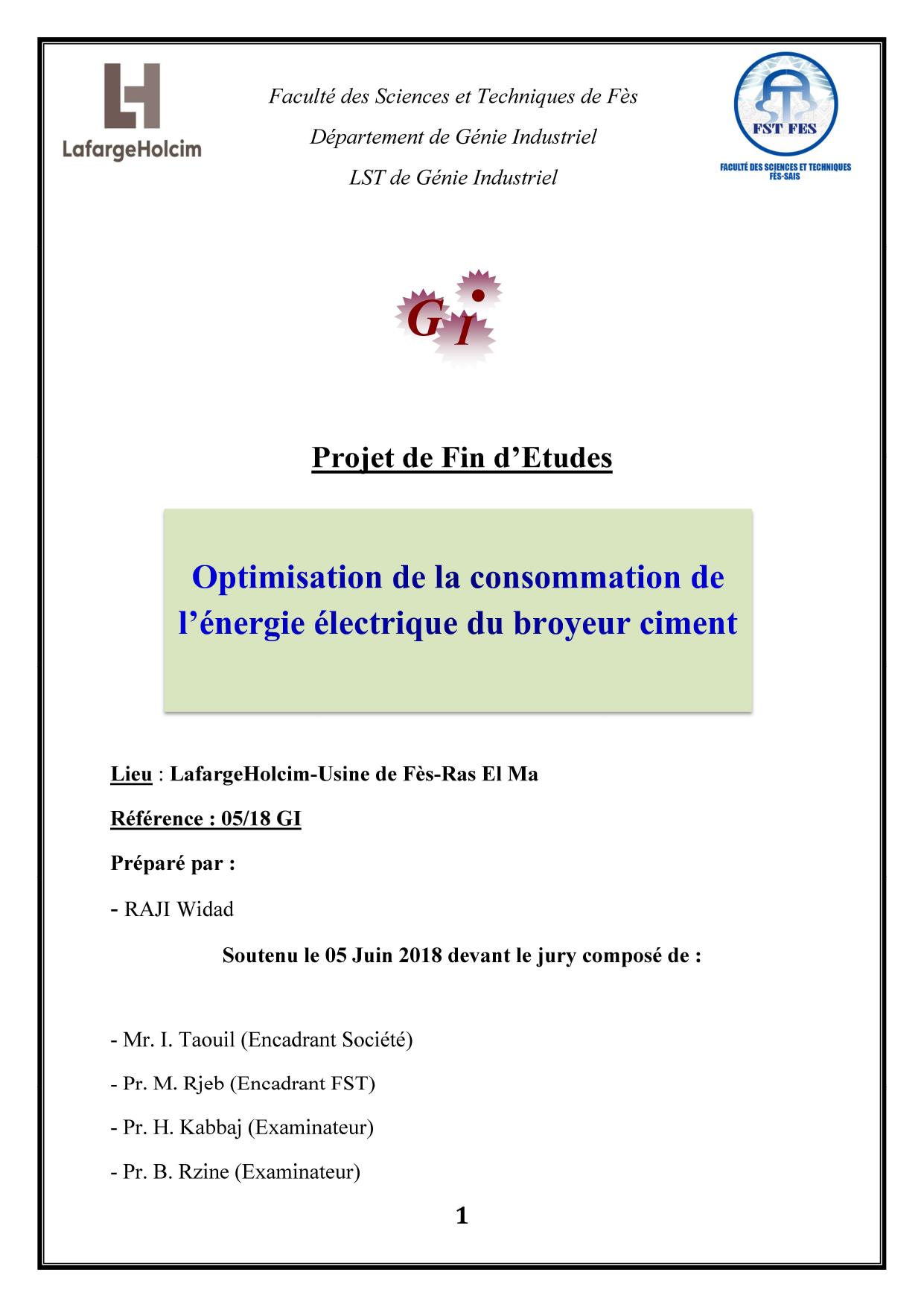 Optimistaion de la consommation de l'énergie électrique du broyeur ciment