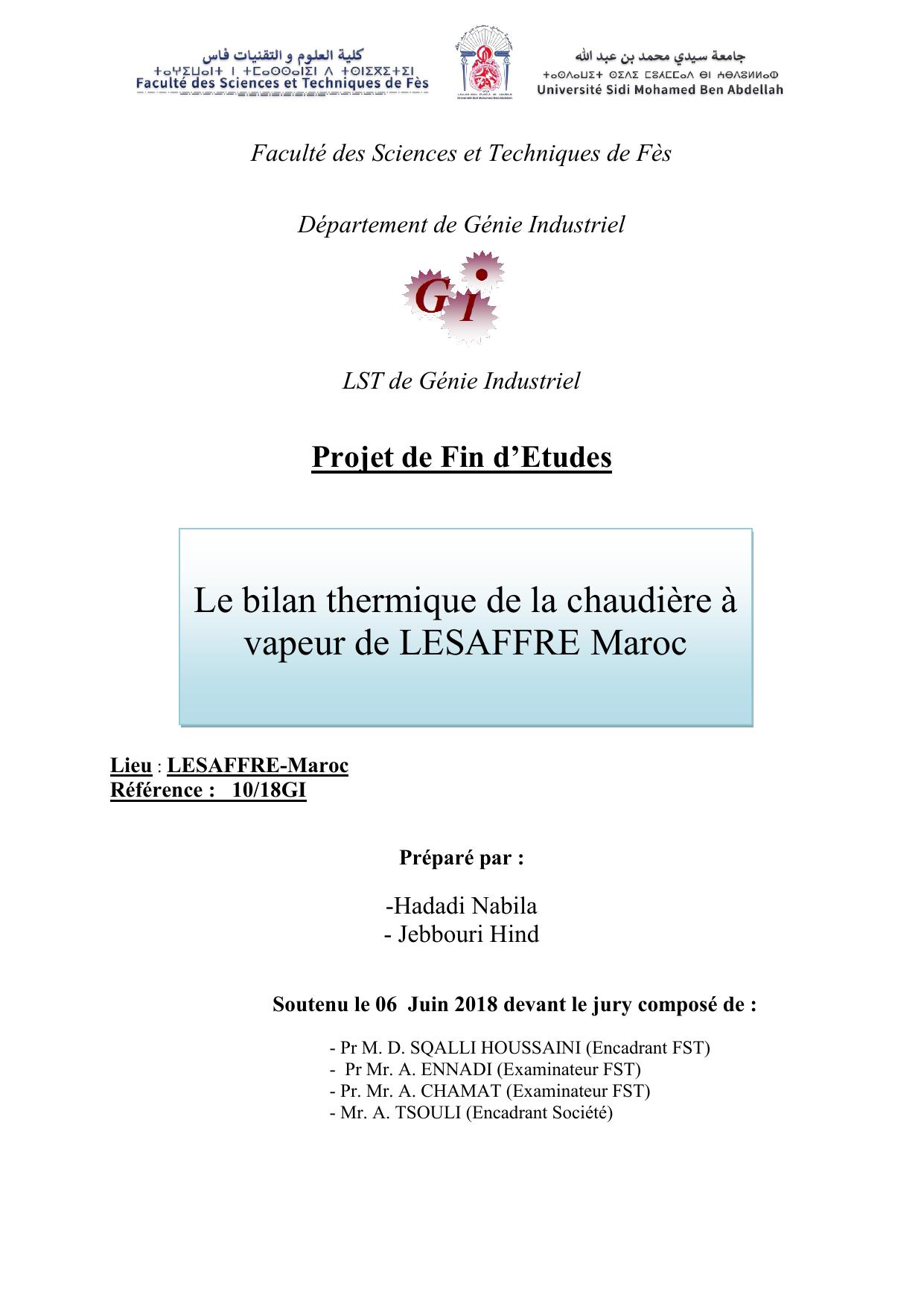 Le bilan thermique de la chaudière à vapeur de LESAFFRE Maroc