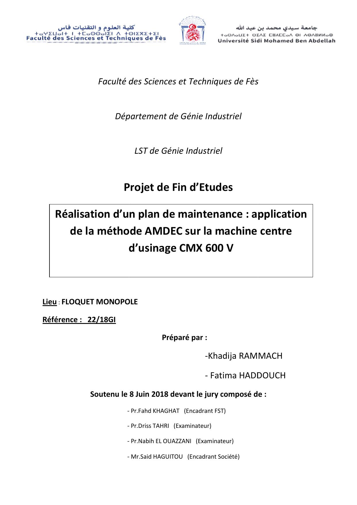 Réalisation d’un plan de maintenance: application de la méthode AMDEC sur la machine centre d’usinage CMX 600 V