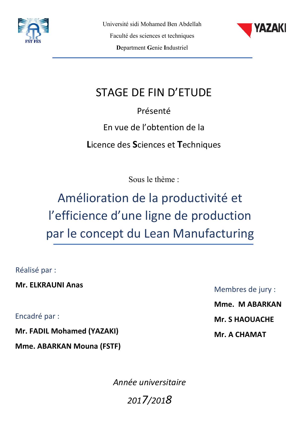 Amélioration de la productivité et l’efficience d’une ligne de production par le concept du Lean Manufacturing