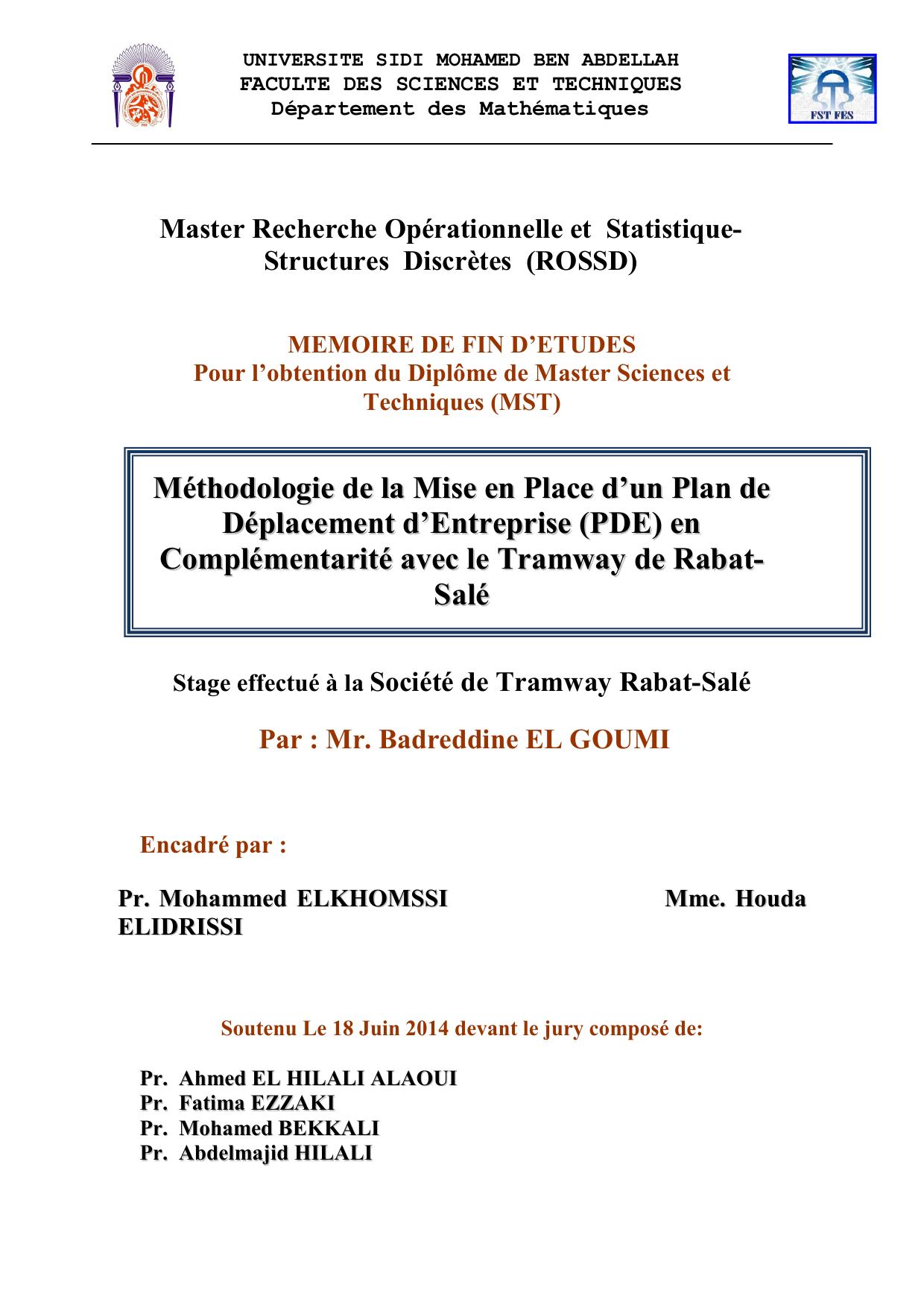 Méthodologie de la Mise en Place d’un Plan de Déplacement d’Entreprise (PDE) en Complémentarité avec le Tramway de Rabat- Salé